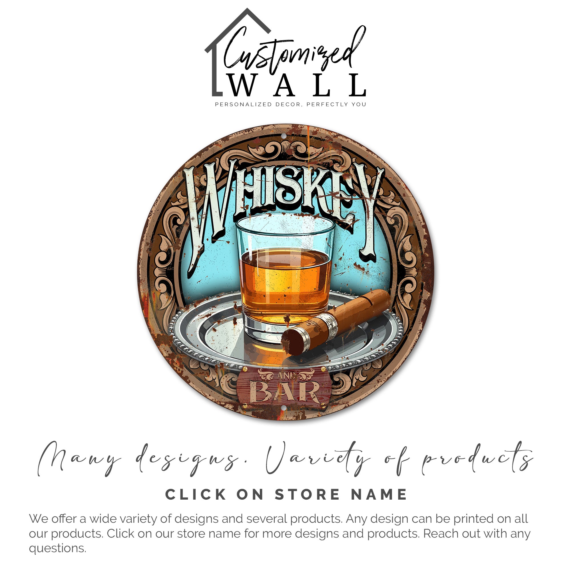 Personalized Whiskey & Cigar Metal Sign - Customizable Round Bar Decor for Whiskey Lovers - Image 6