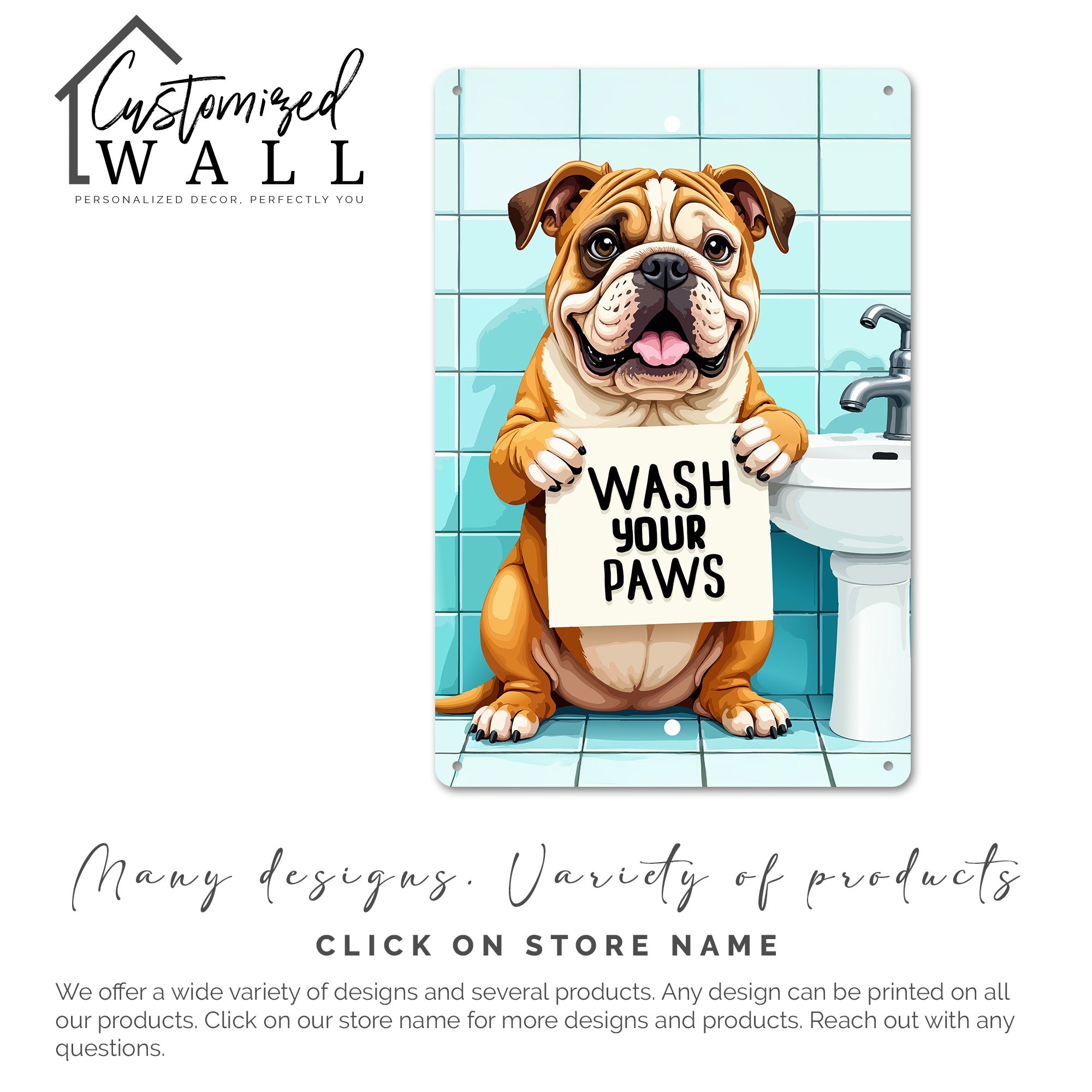 Personalized Bulldog Metal Sign - "Wash Your Paws" Bathroom Decor - Custom Bathroom Wall Art for Animal Lovers - Image 6