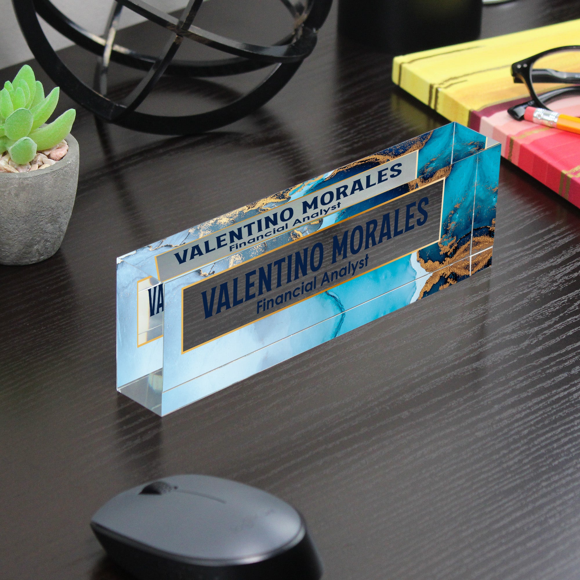 Personalized Acrylic Desk Name Block with Elegant Blue & Gold Design – Ideal Gift for Professionals - Image 7
