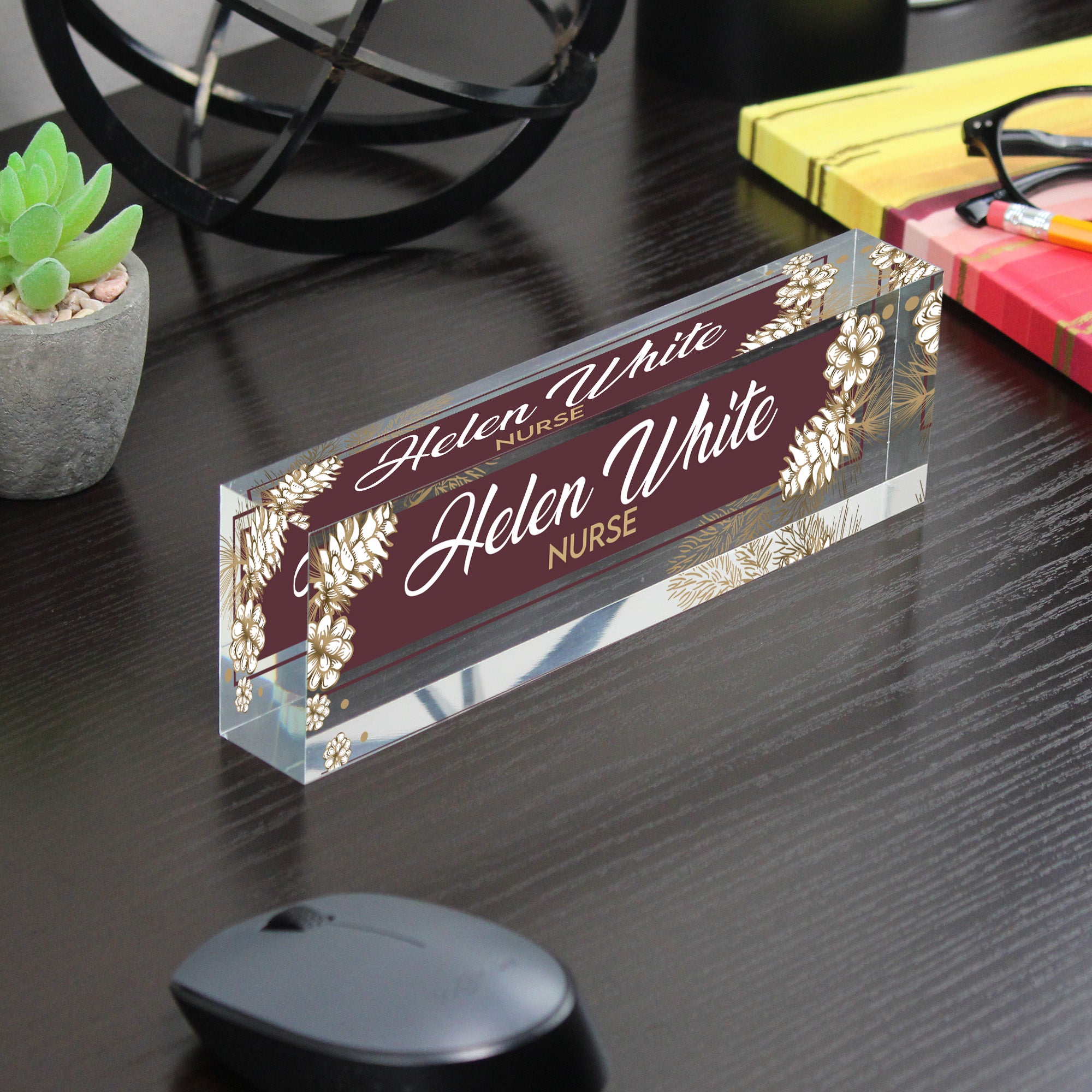 Personalized Acrylic Desk Block with Elegant Floral Design - Custom Name & Profession Engraving for a Unique Gift - Image 7