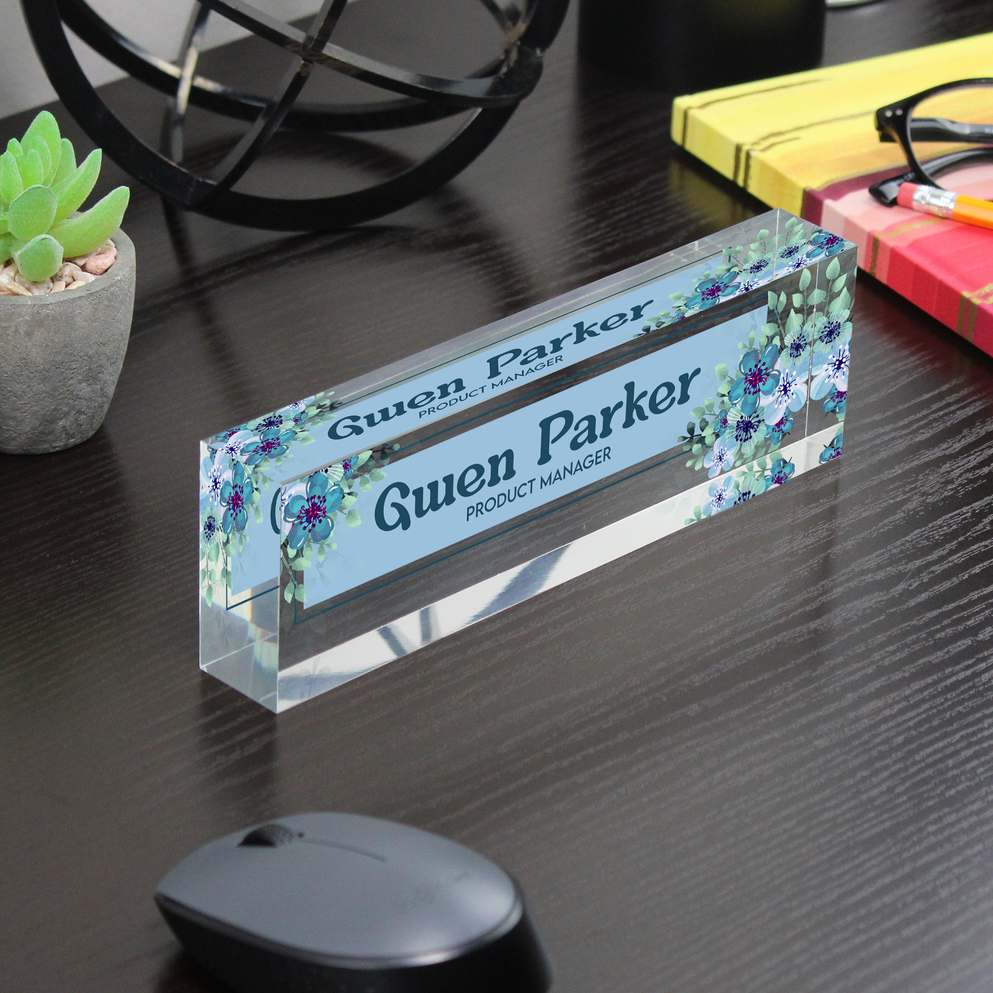 Personalized Acrylic Desk Block Name Plate with Floral Design - Custom Office Decor for Product Managers - Image 7