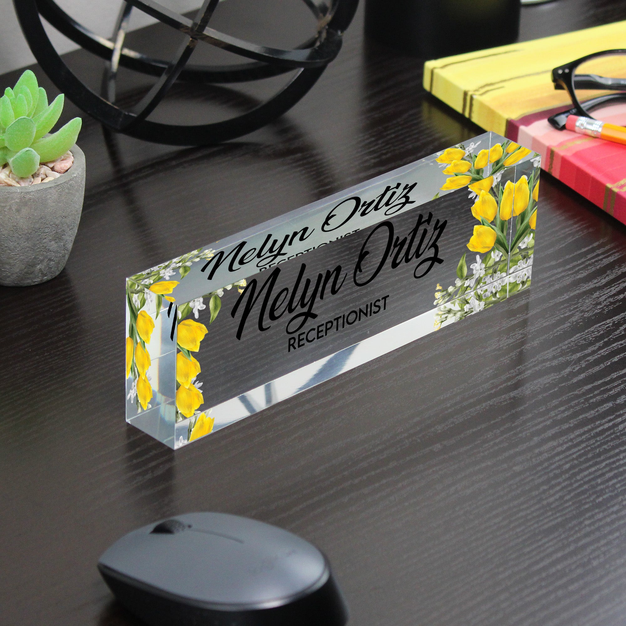 Personalized Acrylic Desk Name Plate with Yellow Floral Design – Custom Office Decor for Receptionists and Gift Giving - Image 7