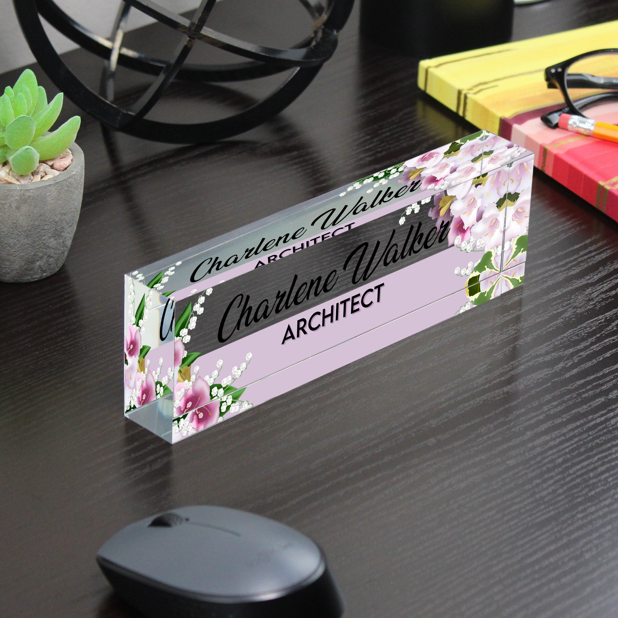 Personalized Floral Acrylic Desk Name Plate - Custom Architect Block with Lily and Orchid Design for Office Decor - Image 7