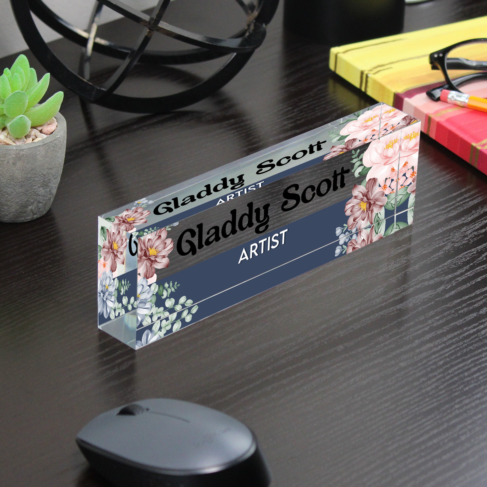 Personalized Floral Acrylic Desk Block with Name and Title - Custom Gift for Artists and Creatives - Image 7