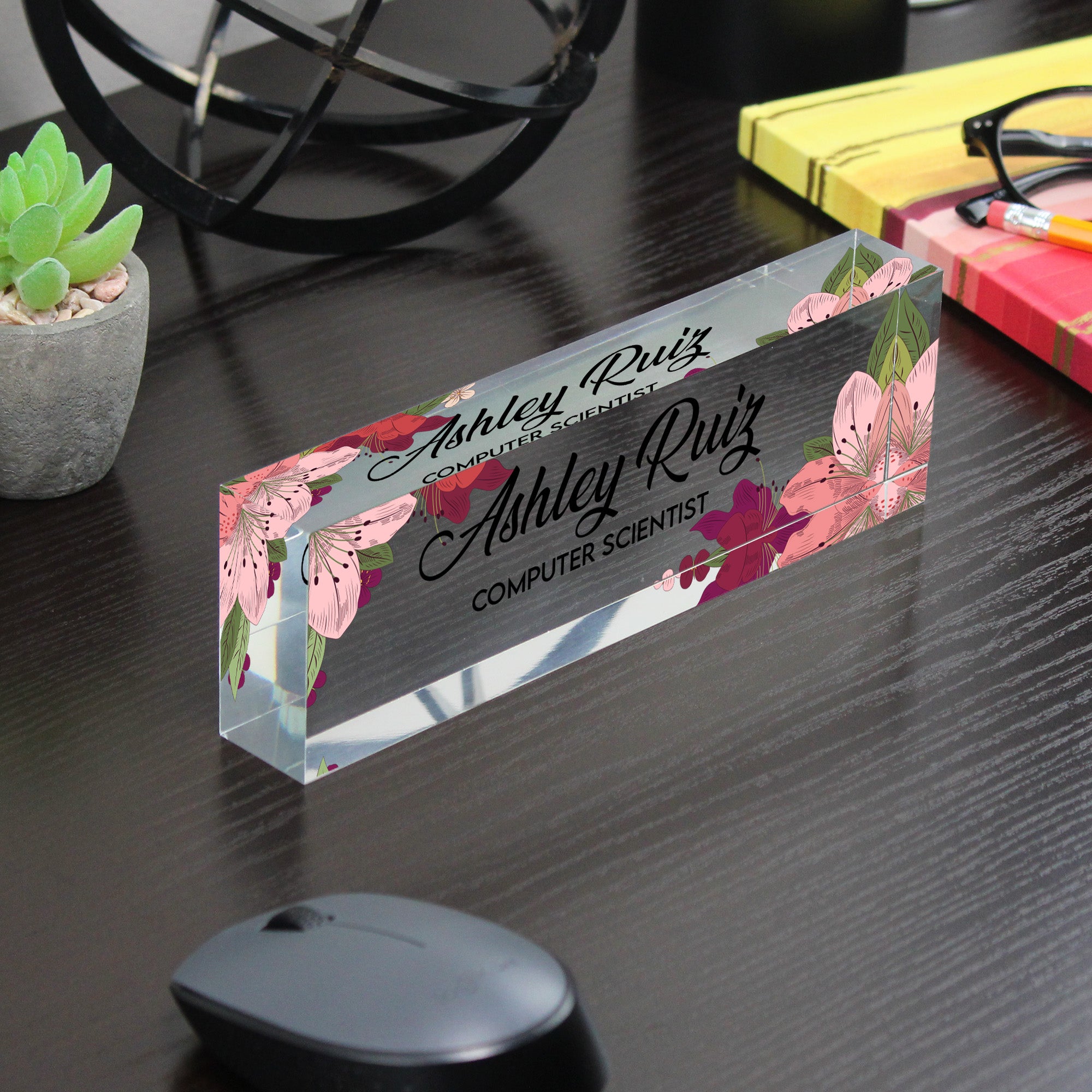 Personalized Floral Acrylic Desk Name Block - Custom Office Decor for Computer Scientists - Image 7