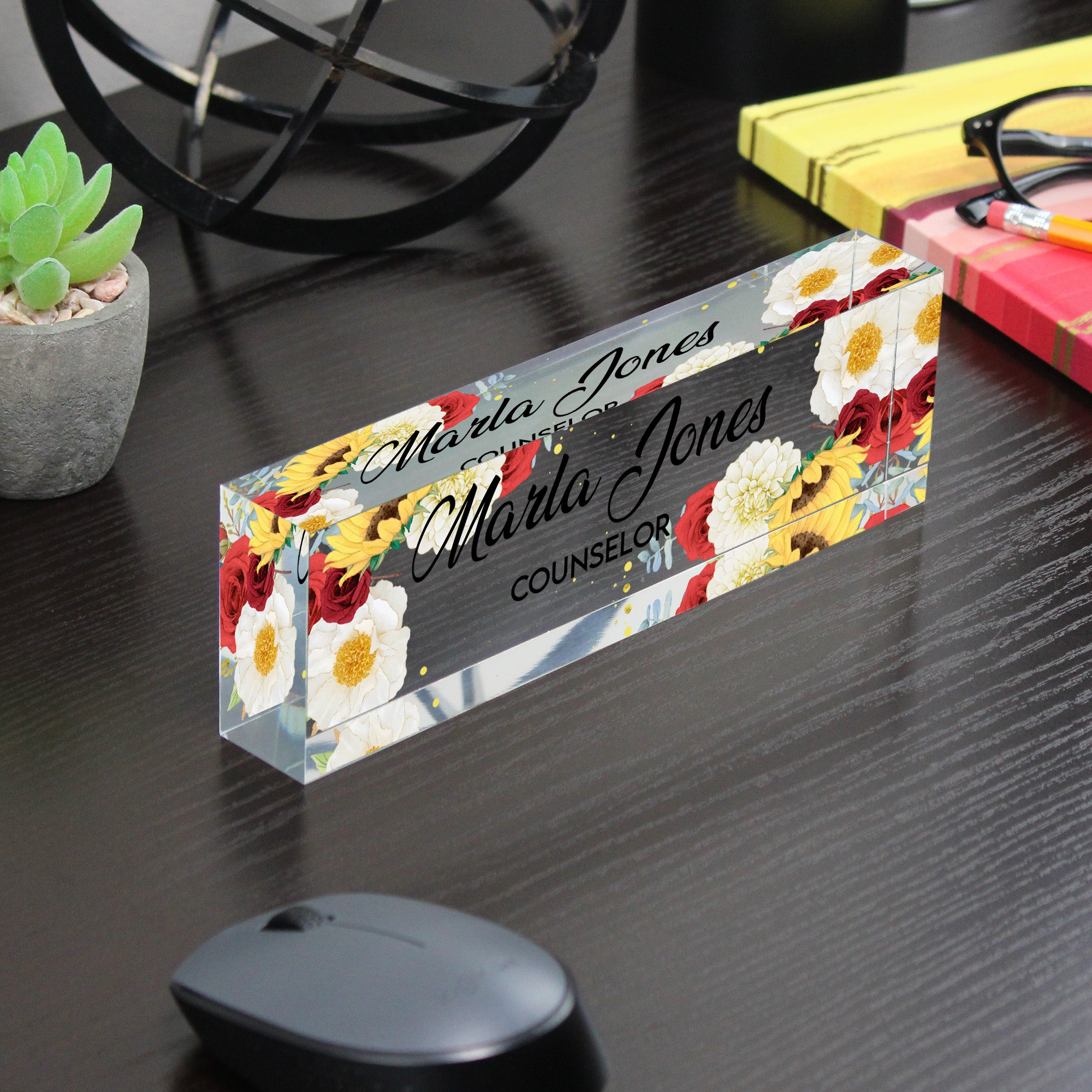 Personalized Floral Acrylic Desk Block Name Plate for Counselors – Elegant Office Decor and Thoughtful Gift Idea - Image 7