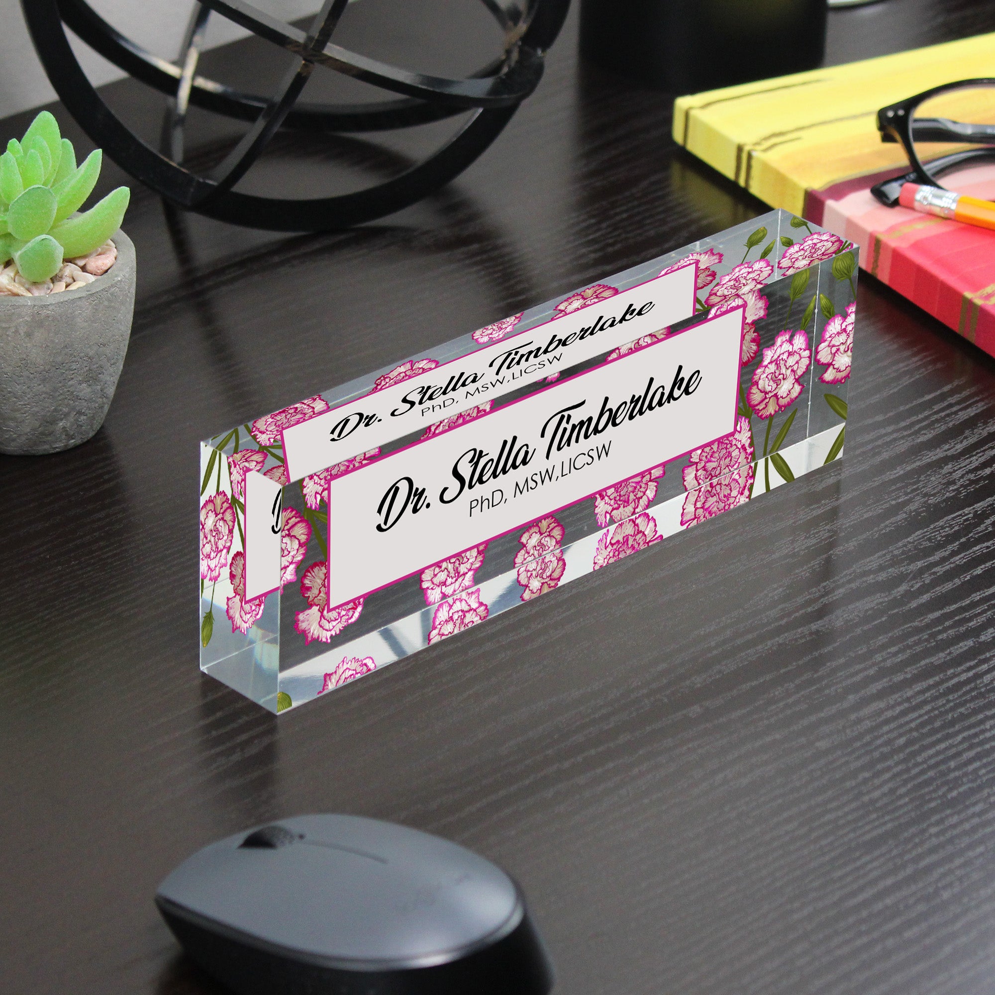 Personalized Floral Acrylic Desk Block – Custom Name Plate with Pink Carnation Design for Office Professionals - Image 7