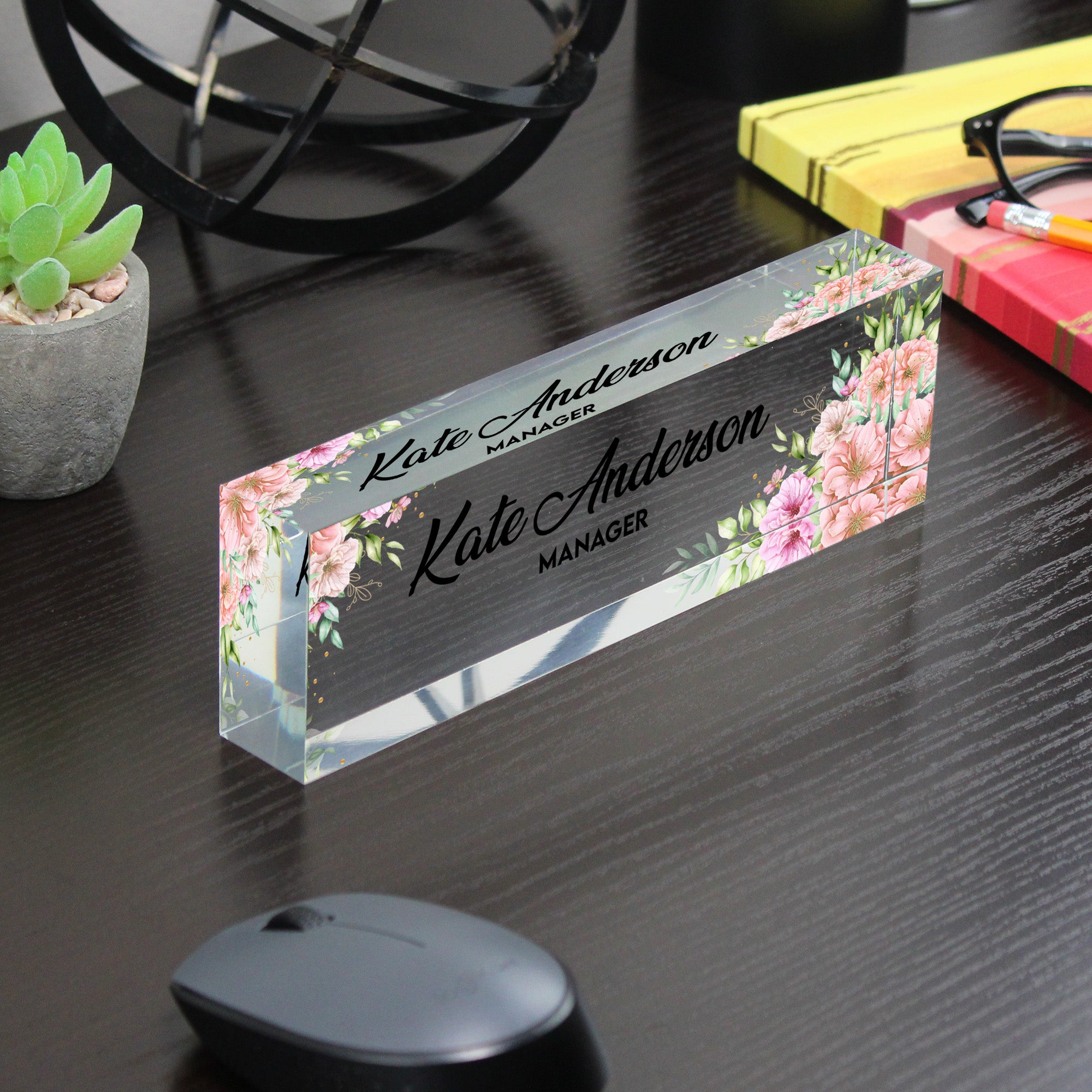 Personalized Floral Acrylic Desk Name Plate for Managers – Custom Office Decor with Elegant Floral Design - Image 7