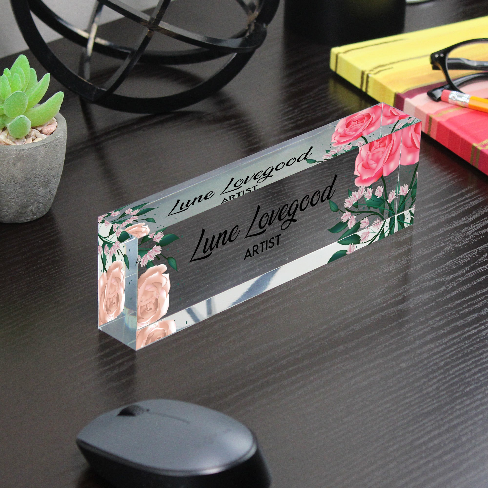 Personalized Floral Acrylic Desk Block - Custom Name and Title Art Decor for Unique Gift Giving - Image 7
