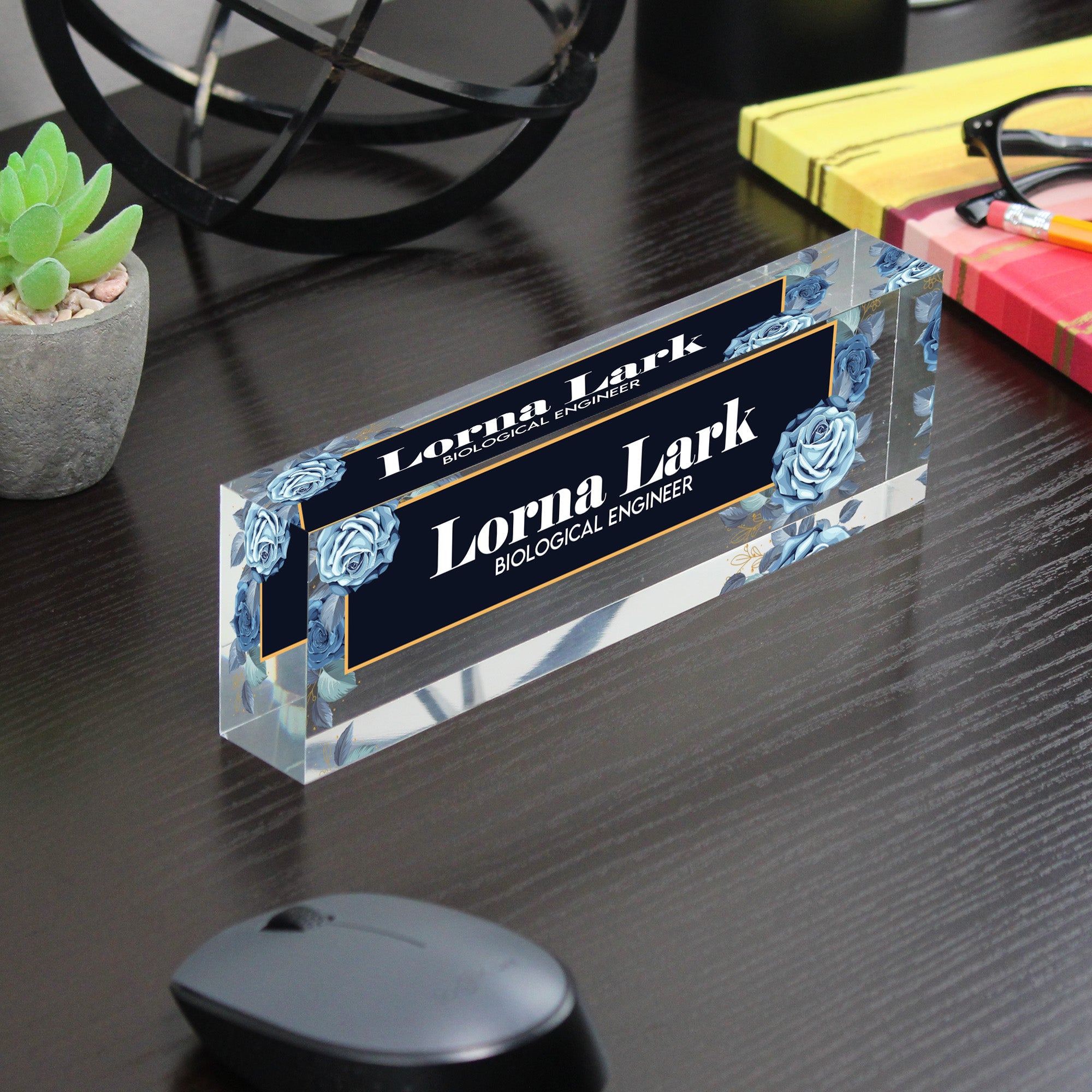 Personalized Acrylic Desk Block with Elegant Blue Rose Design - Custom Nameplate for Professionals and Gift Occasions - Image 7