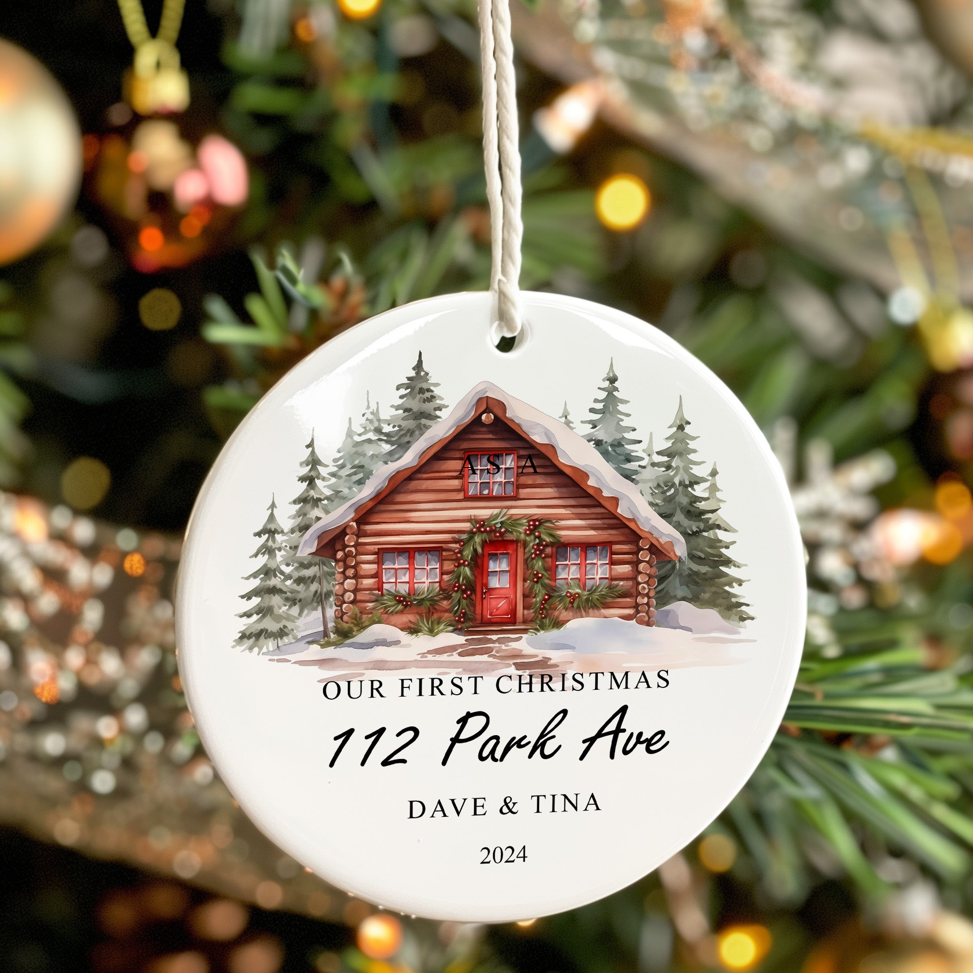 Personalized Handmade First Christmas Ornament - Custom Engraved Ceramic Cabin Design with Names & Address - Perfect Gift for Couples - Image 7
