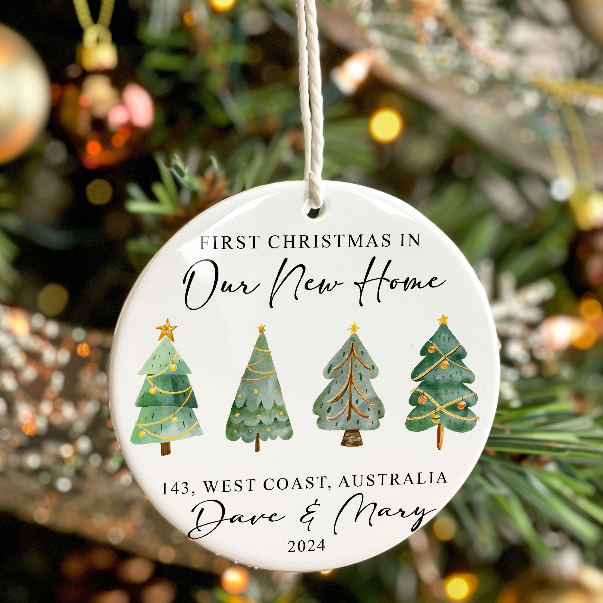 Personalized First Christmas in New Home Ceramic Ornament – Artistic Watercolor Design, Unique Gift, 2024 Edition - Image 7