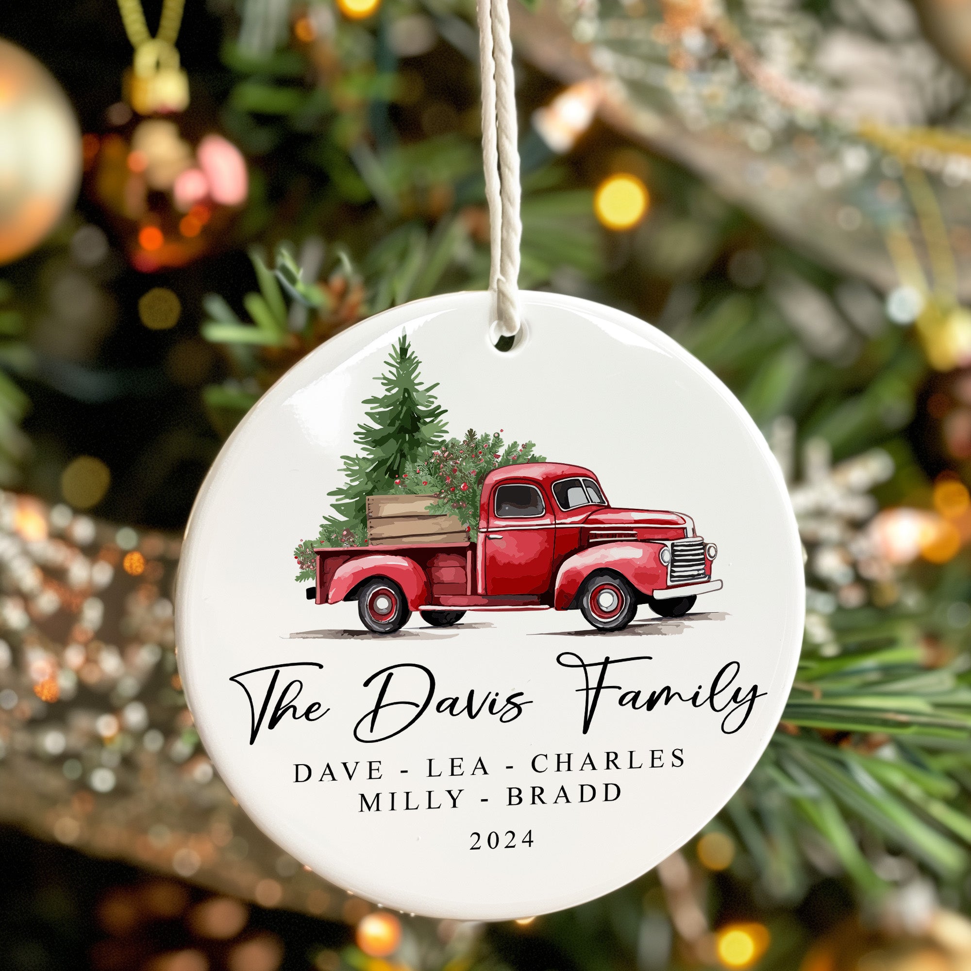 Personalized Family Red Vintage Truck Ceramic Ornament – Custom Christmas Keepsake with Elegant Script - Image 7