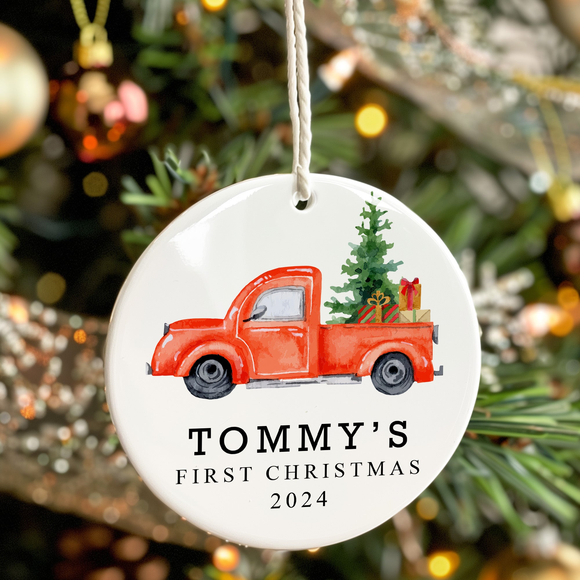 Personalized Baby's First Christmas 2024 Ceramic Ornament with Vintage Red Truck Design - Image 7