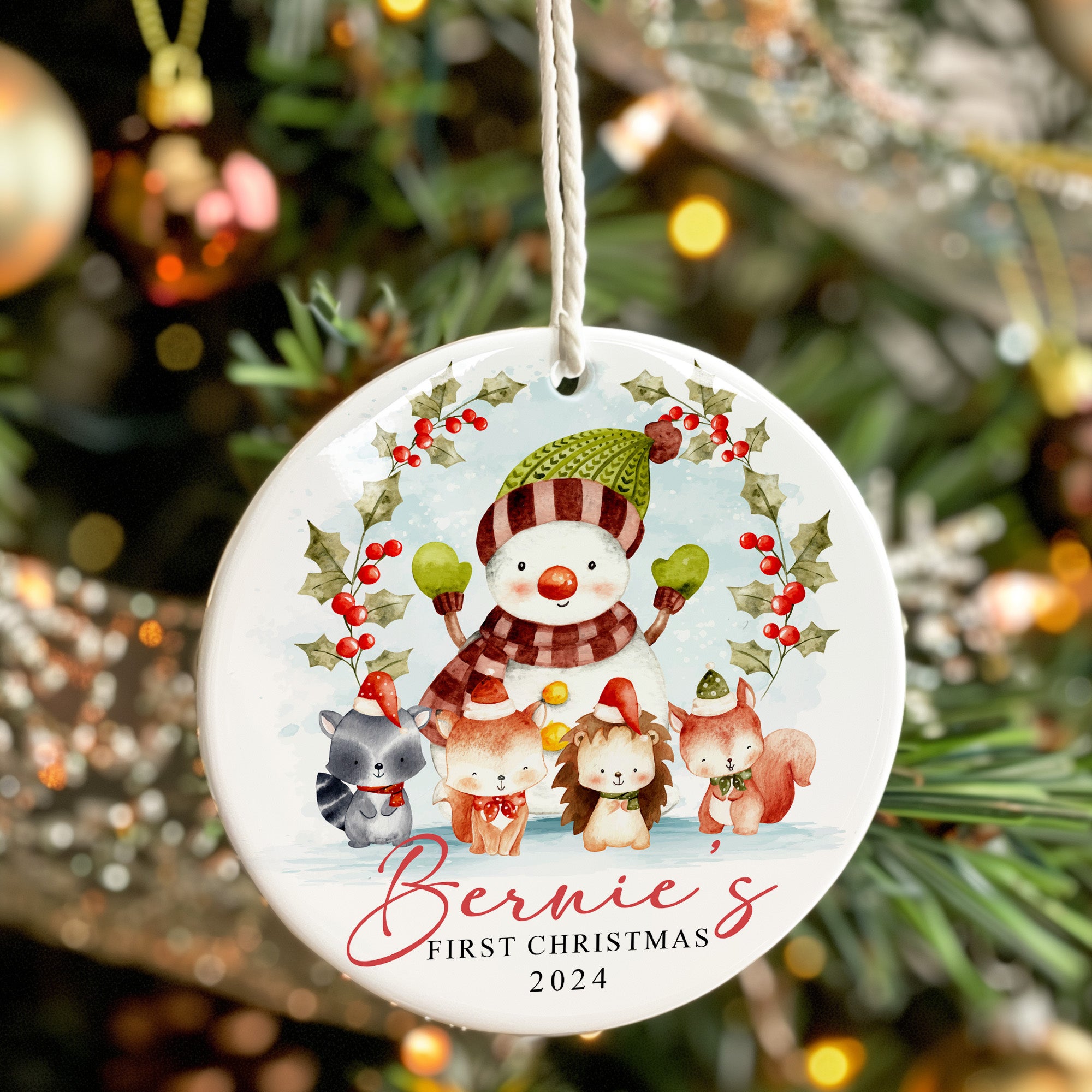 Personalized 2024 Ceramic Ornament - "Bernie's First Christmas" with Cute Woodland Animals and Snowman Design - Image 7