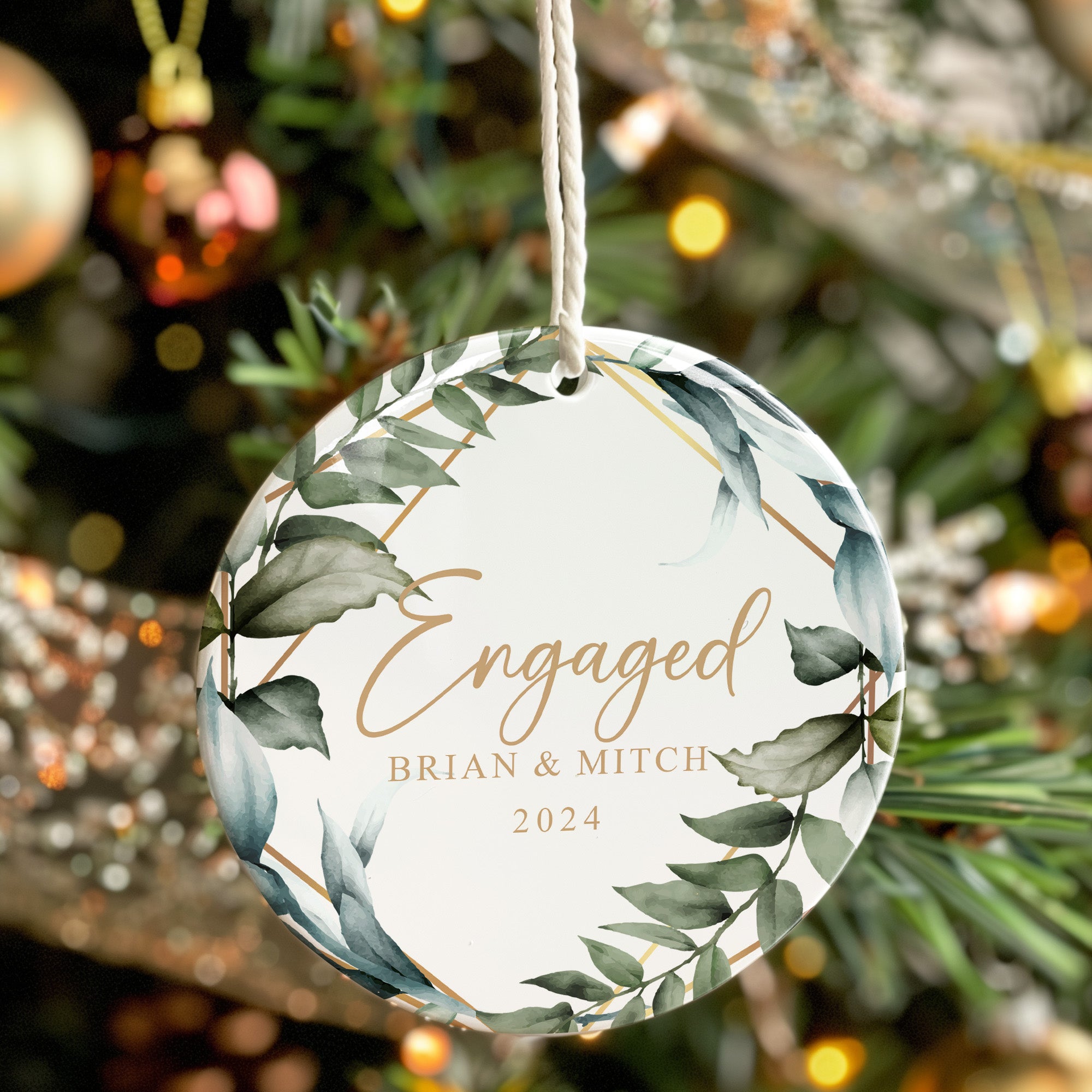 Personalized Engagement Ceramic Ornament - Elegant Greenery Design - Perfect Gift for Couples - Celebrate Love in 2024 - Image 7