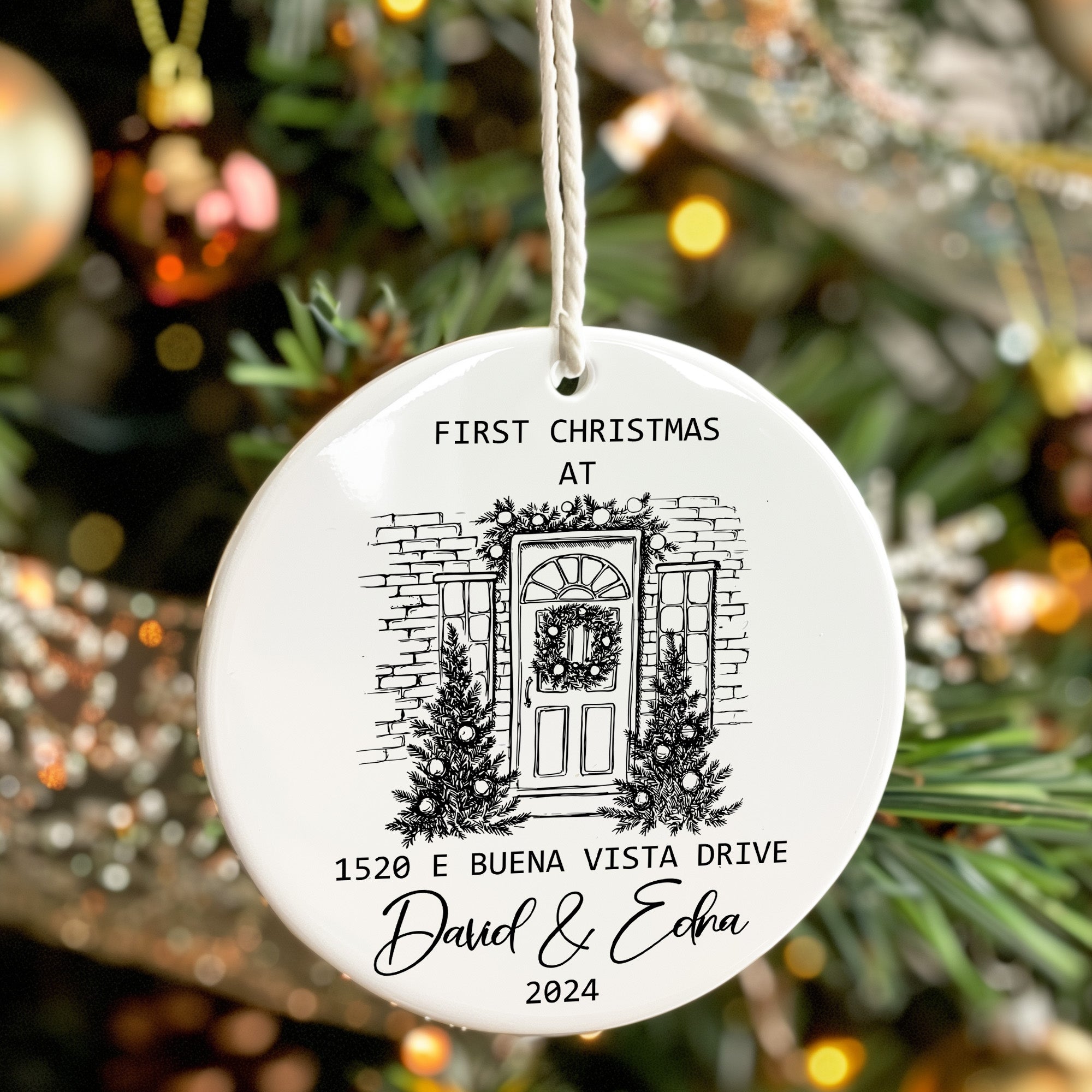 Personalized First Christmas Ceramic Ornament with Hand Drawn Home Design – Custom Address and Names for a Memorable Holiday - Image 7