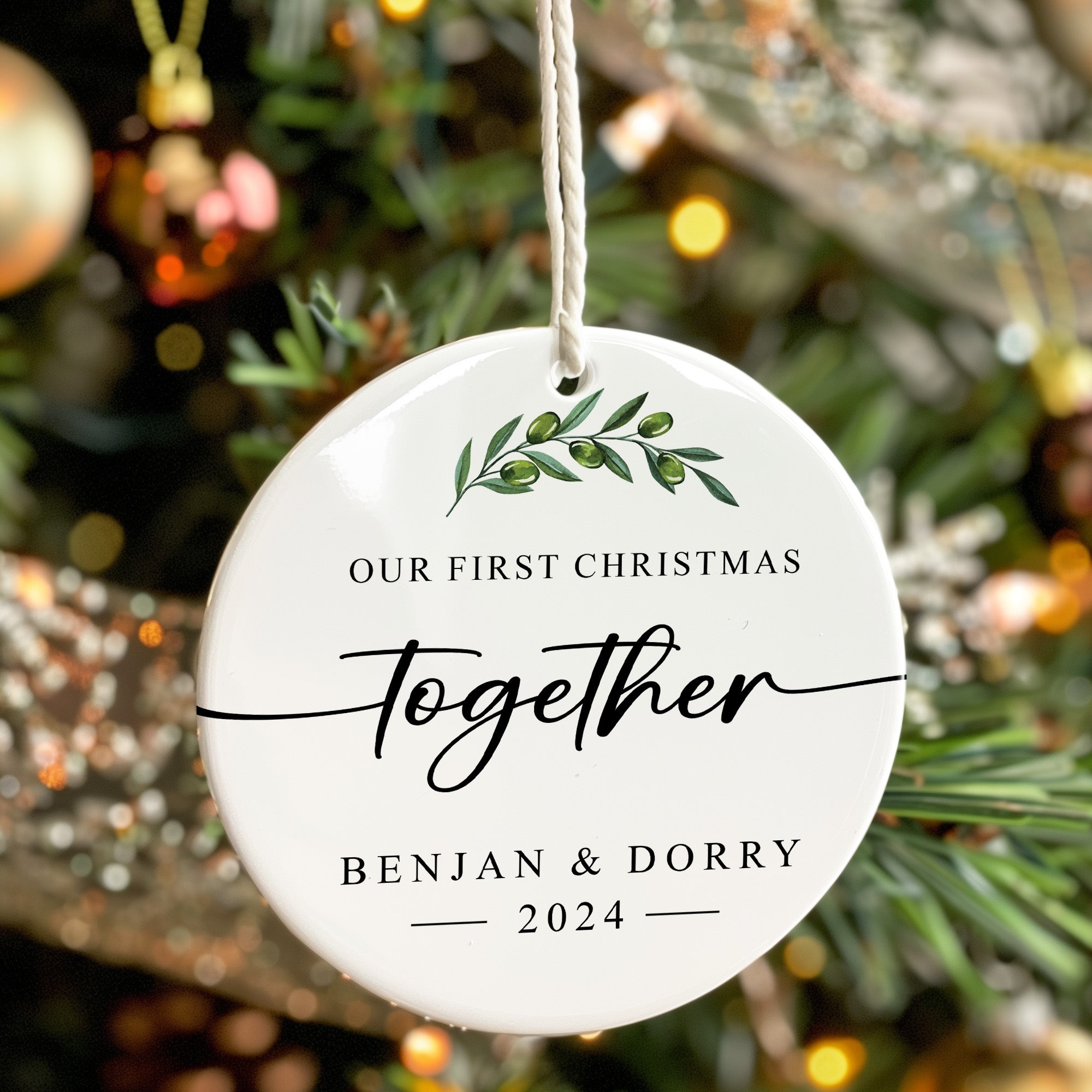 Personalized "Our First Christmas Together" Ceramic Ornament - Custom Couple's Keepsake with Elegant Olive Leaf Design for 2024 - Image 7