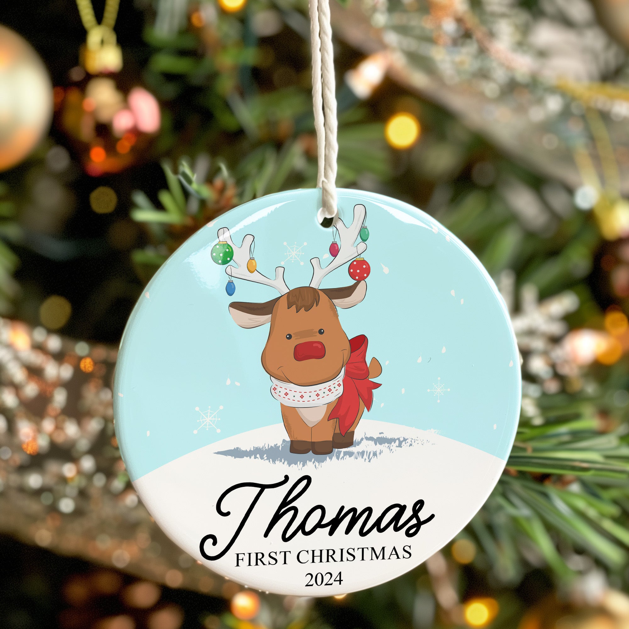 Personalized Baby's First Christmas 2024 Ceramic Ornament - Cute Reindeer Design with Custom Name - Image 7