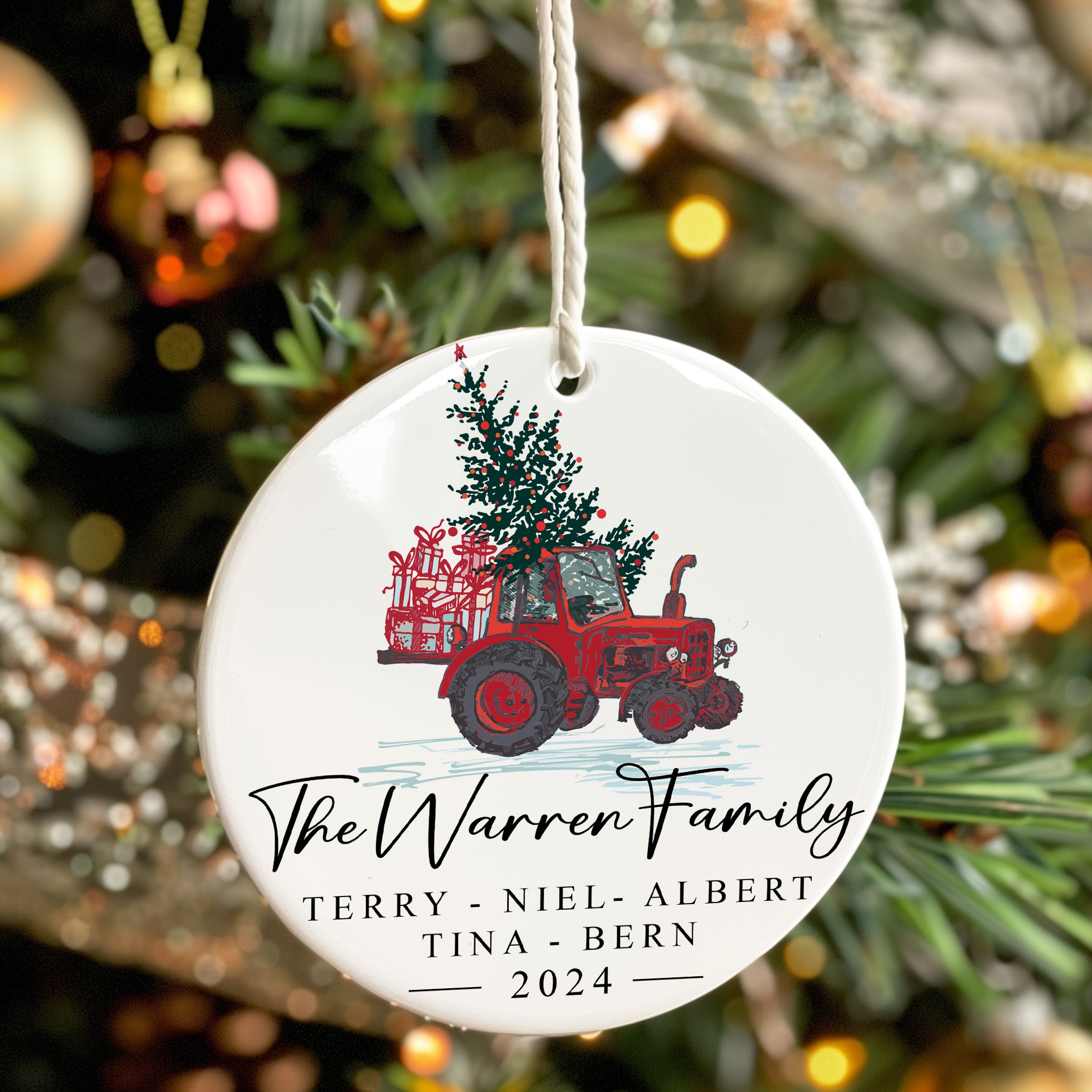 Personalized Family Christmas Ornament - Custom Ceramic Keepsake with Red Tractor & Festive Design - Perfect for Holiday Gift & Decoration 2024 - Image 7
