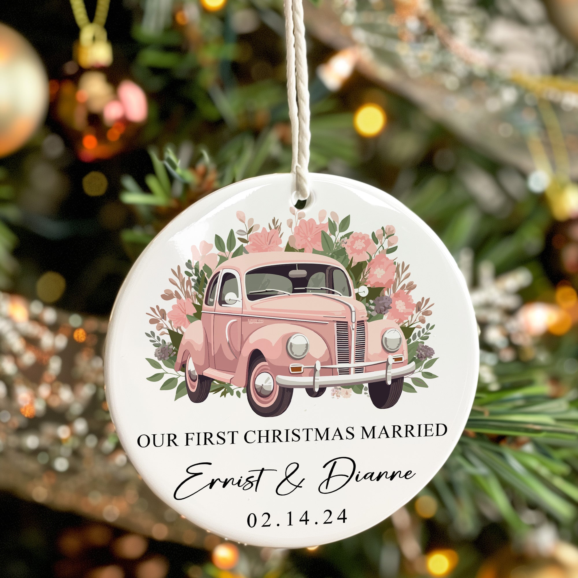 Personalized "Our First Christmas Married" Ceramic Ornament - Vintage Car Design for Newlyweds, Custom Date & Names - Image 7