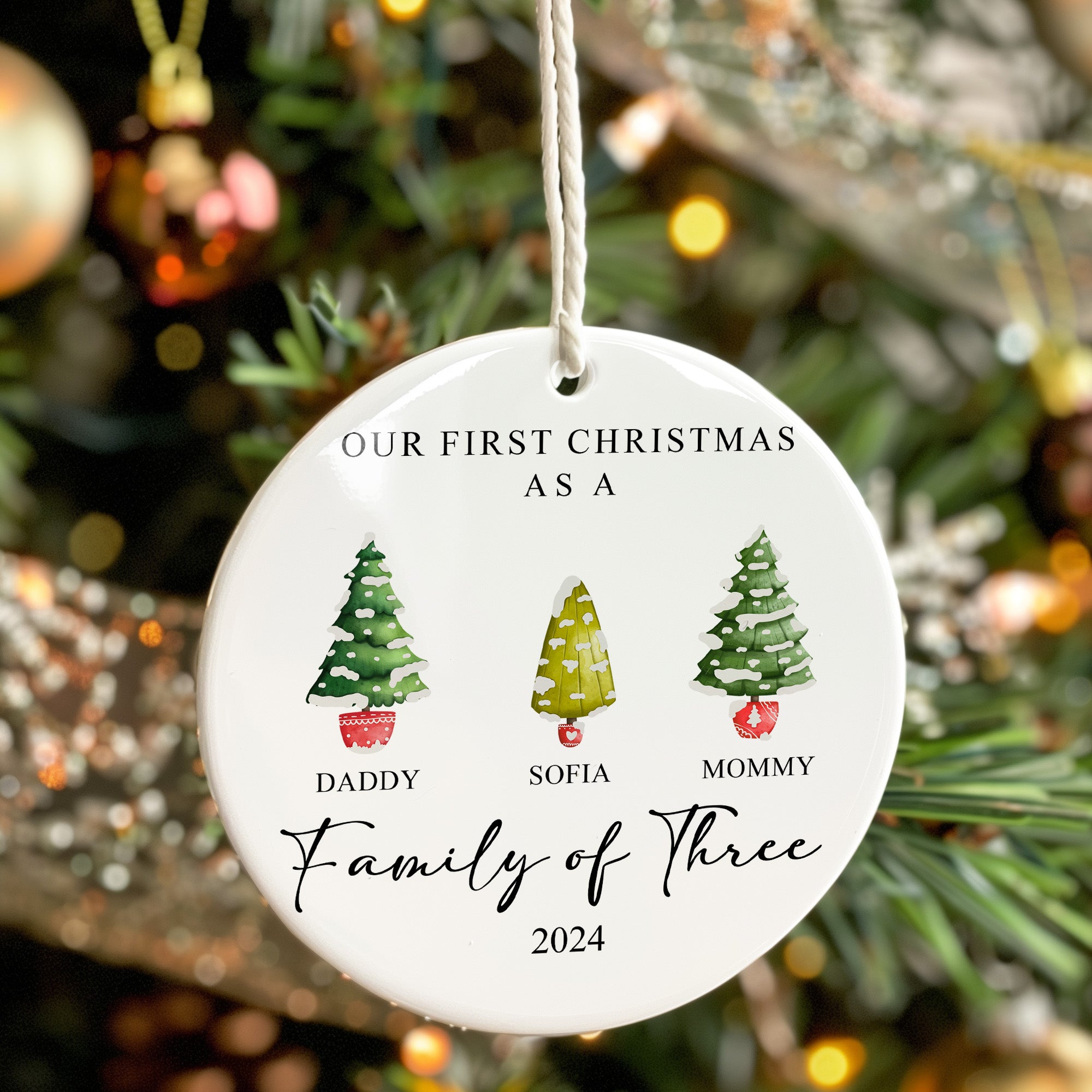 Personalized Family of Three Christmas Ornament 2024 – Customized Ceramic Holiday Keepsake with Hand-Painted Trees and Text - Image 7