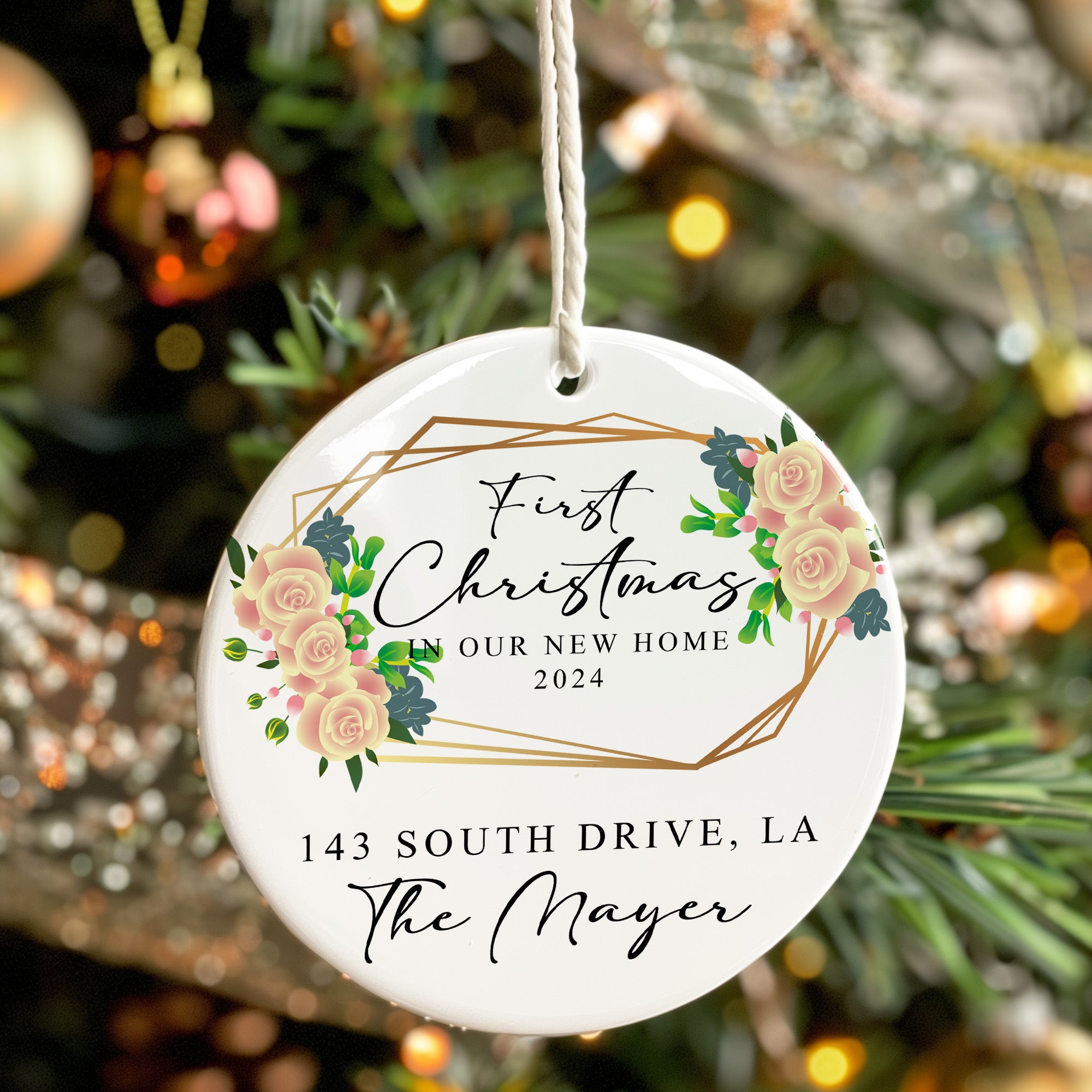 Personalized First Christmas in New Home 2024 Ceramic Ornament – Handcrafted Keepsake with Elegant Floral Design - Image 7