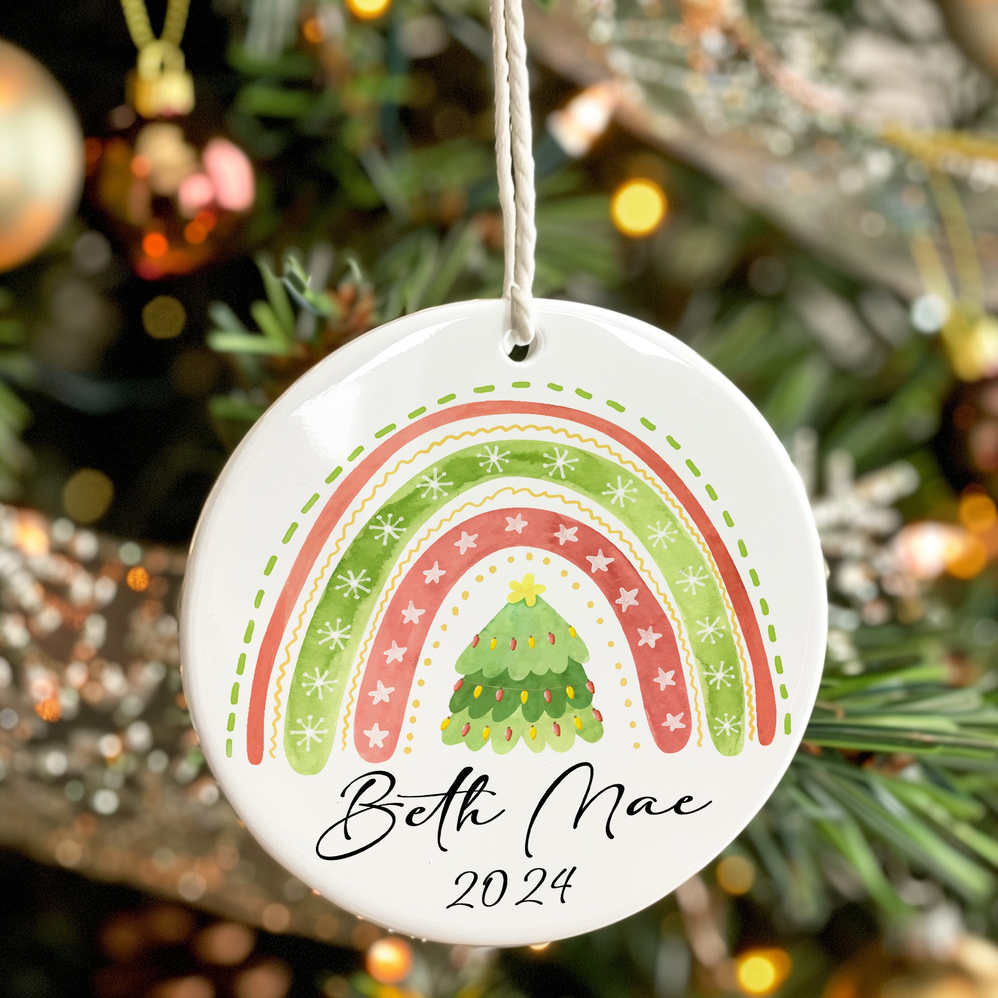 Personalized Christmas Ceramic Ornament with Hand-Painted Rainbow and Tree Design - Custom Name & Year - Perfect Holiday Gift - Image 7