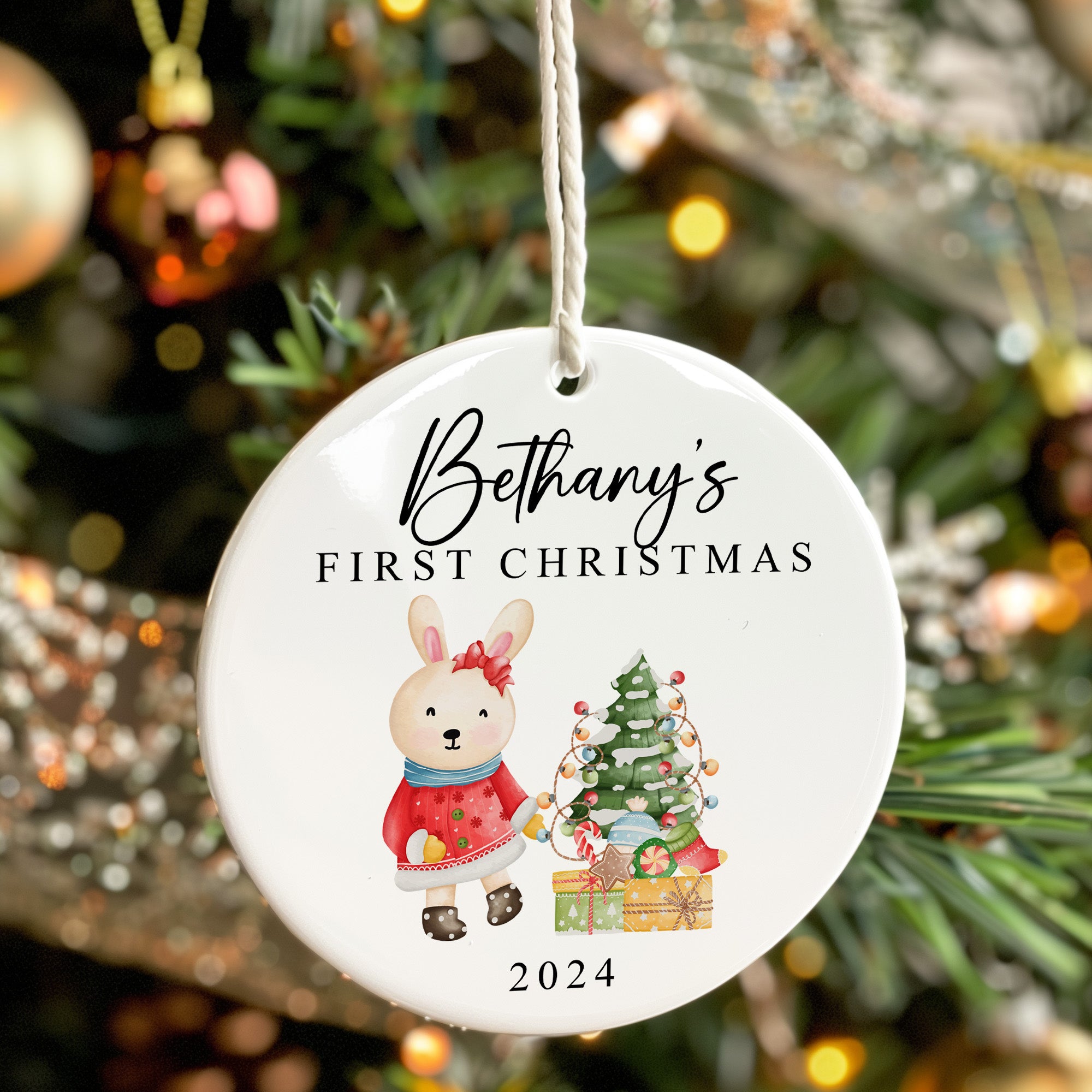 Personalized Baby’s First Christmas Ceramic Ornament – Custom Name Keepsake with Watercolor Bunny & Tree Design – 2024 Holiday Gift - Image 7