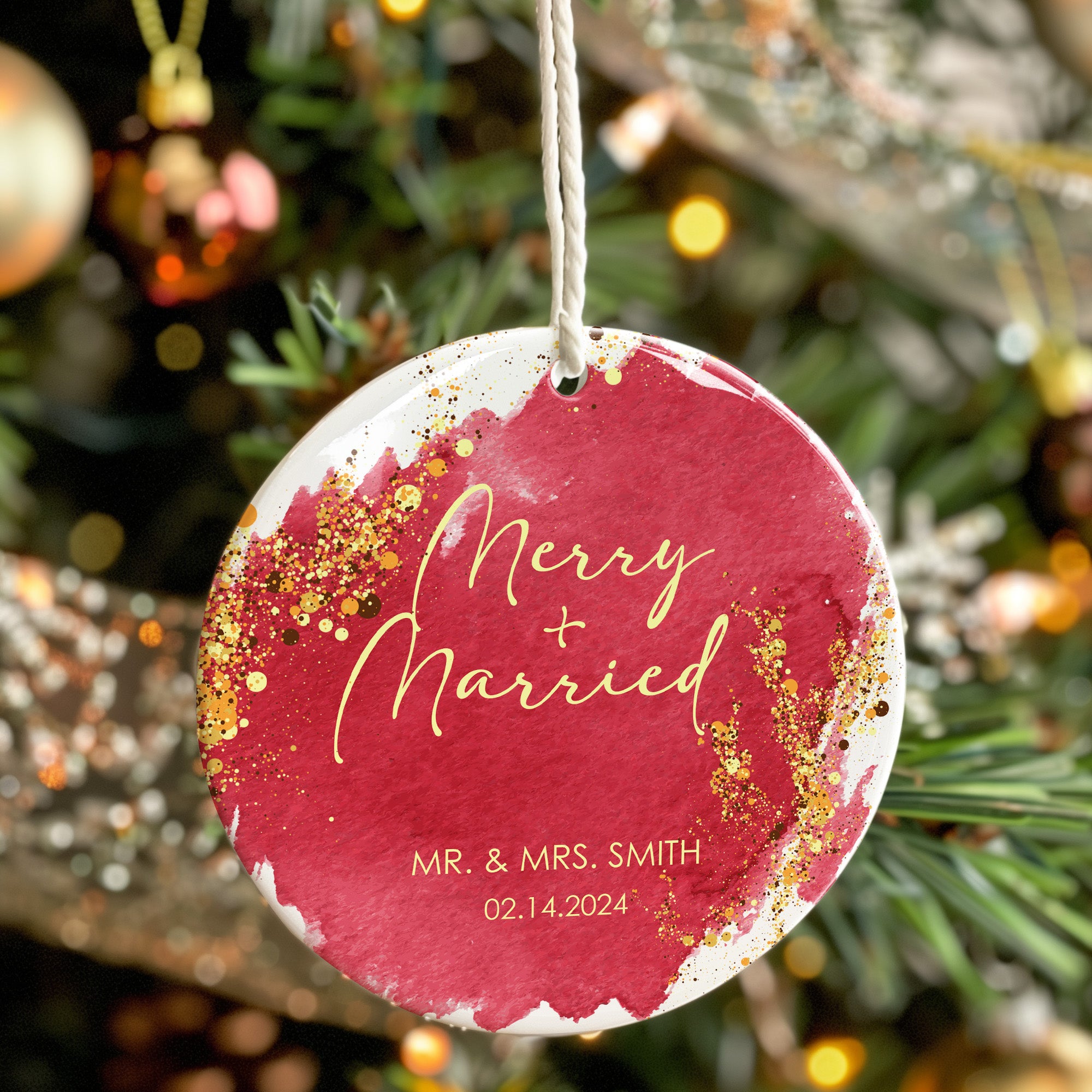 Personalized "Merry + Married" Ceramic Ornament - Unique Wedding Keepsake, Custom Date & Names - Image 7