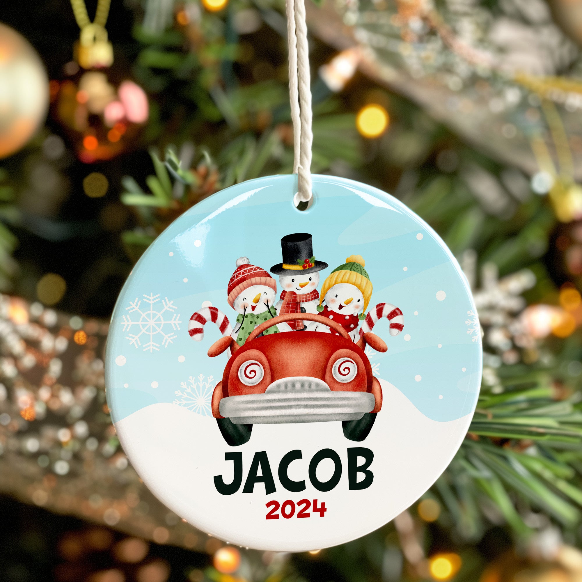 Personalized 2024 Ceramic Ornament with Snowman Family in Red Car - Custom Name Gift for Holidays - Image 7