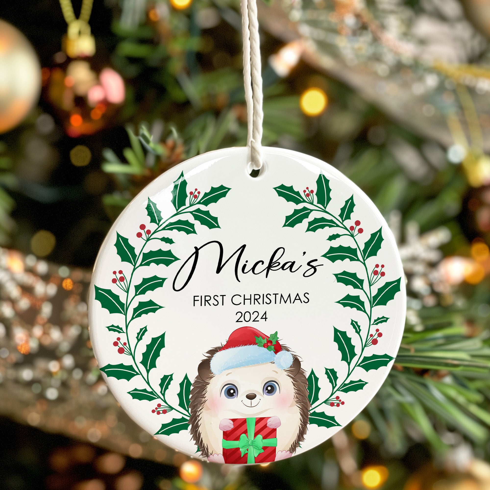 Personalized "First Christmas" Ceramic Ornament 2024 - Handcrafted Holly & Hedgehog Design - Image 7