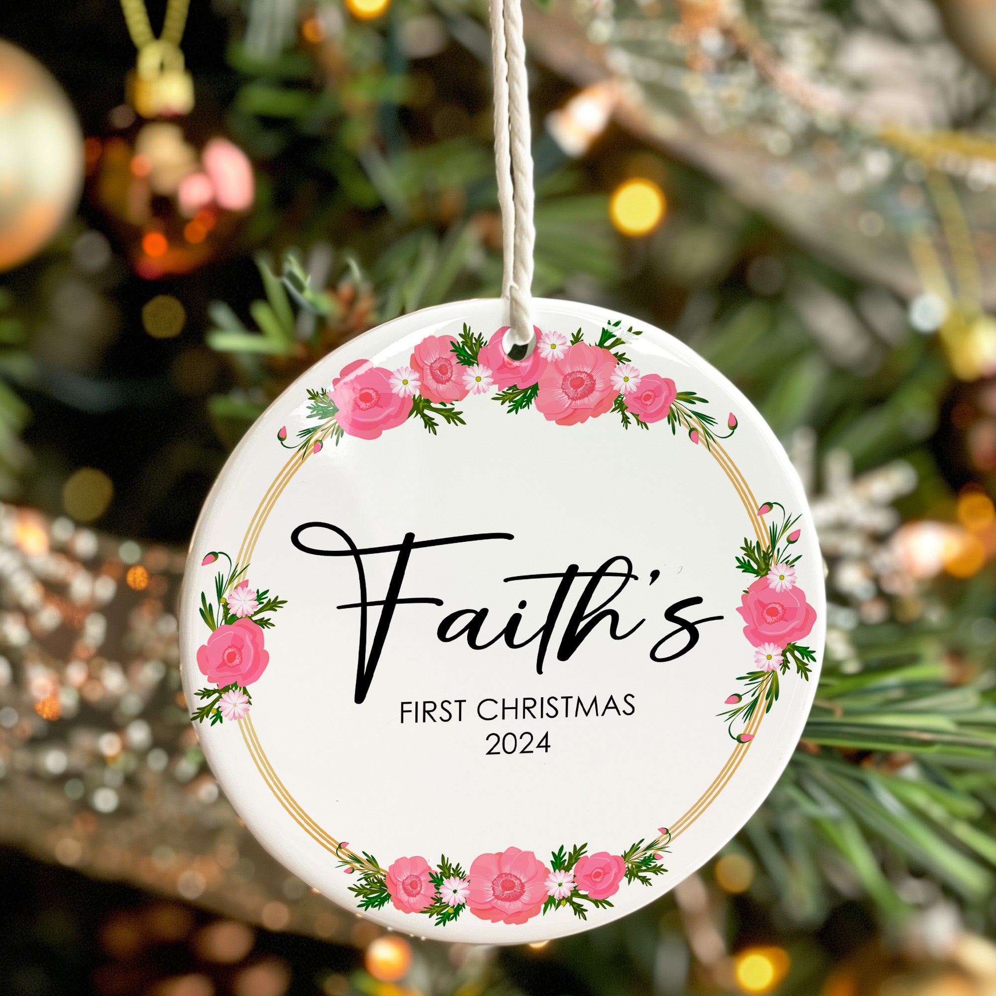 Personalized "Faith's First Christmas 2024" Ceramic Ornament with Pink Floral Design – Perfect Keepsake Gift for Newborns - Image 7