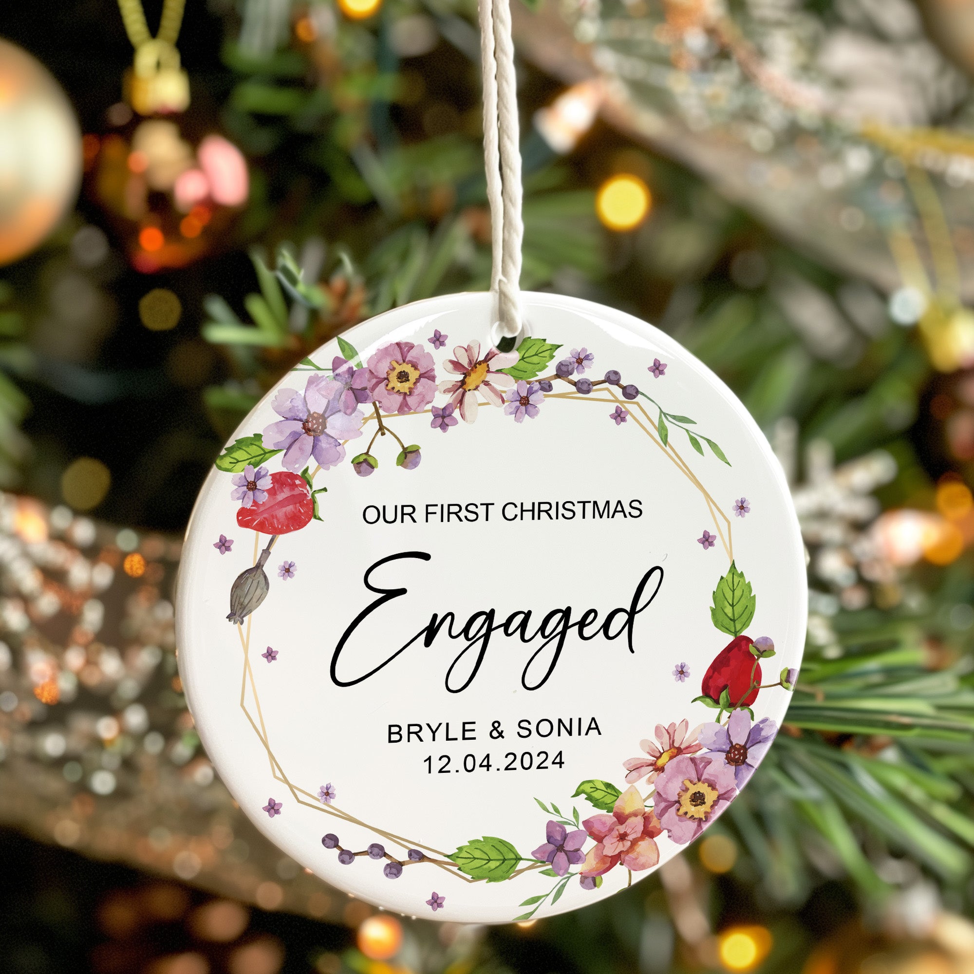 Personalized Engagement Christmas Ornament - Custom Floral Ceramic Keepsake for Couples - Image 7