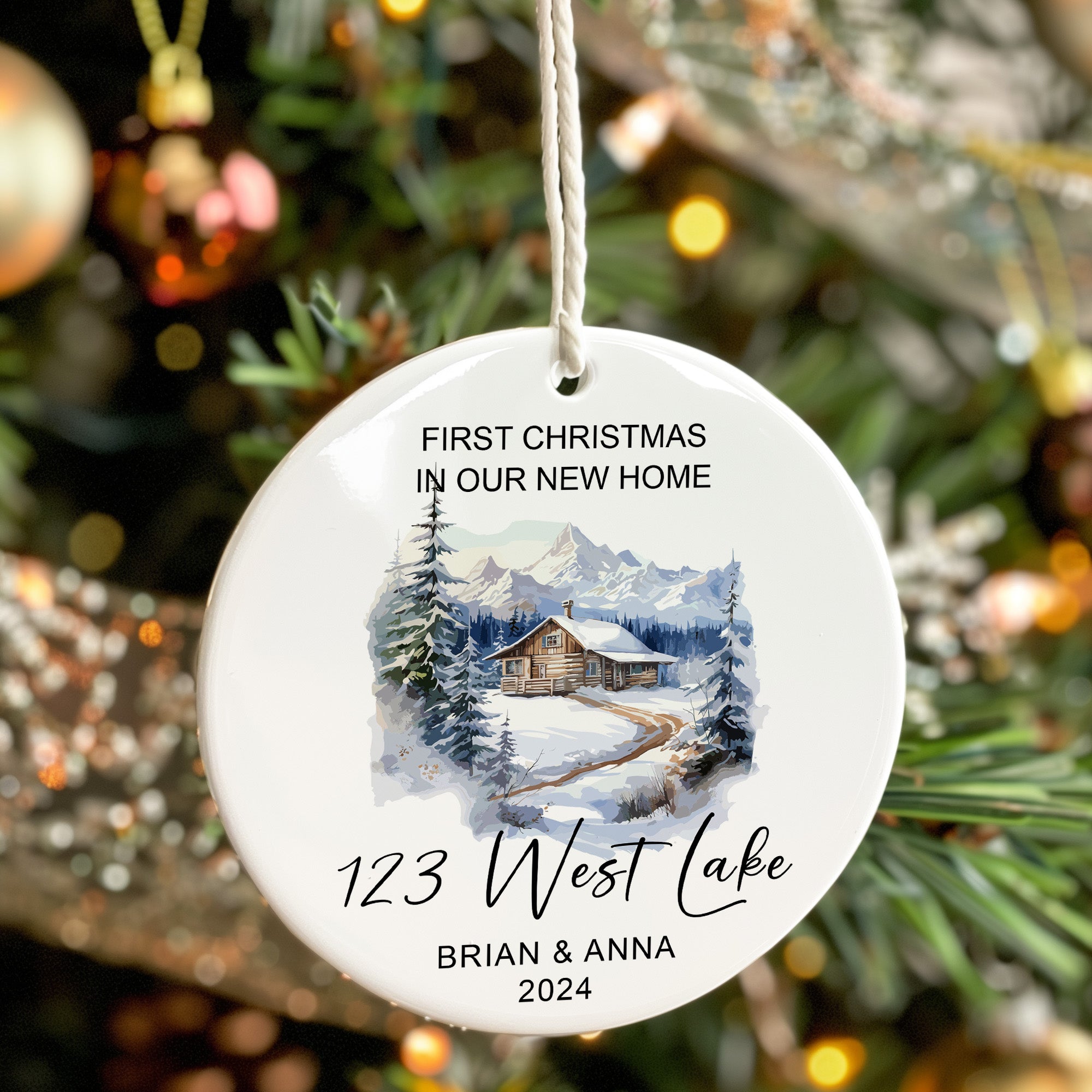 Personalized First Christmas in New Home Ceramic Ornament – Elegant Winter Cabin Design, Custom Names & Address, Heartfelt Keepsake for New Homeowners - Image 7