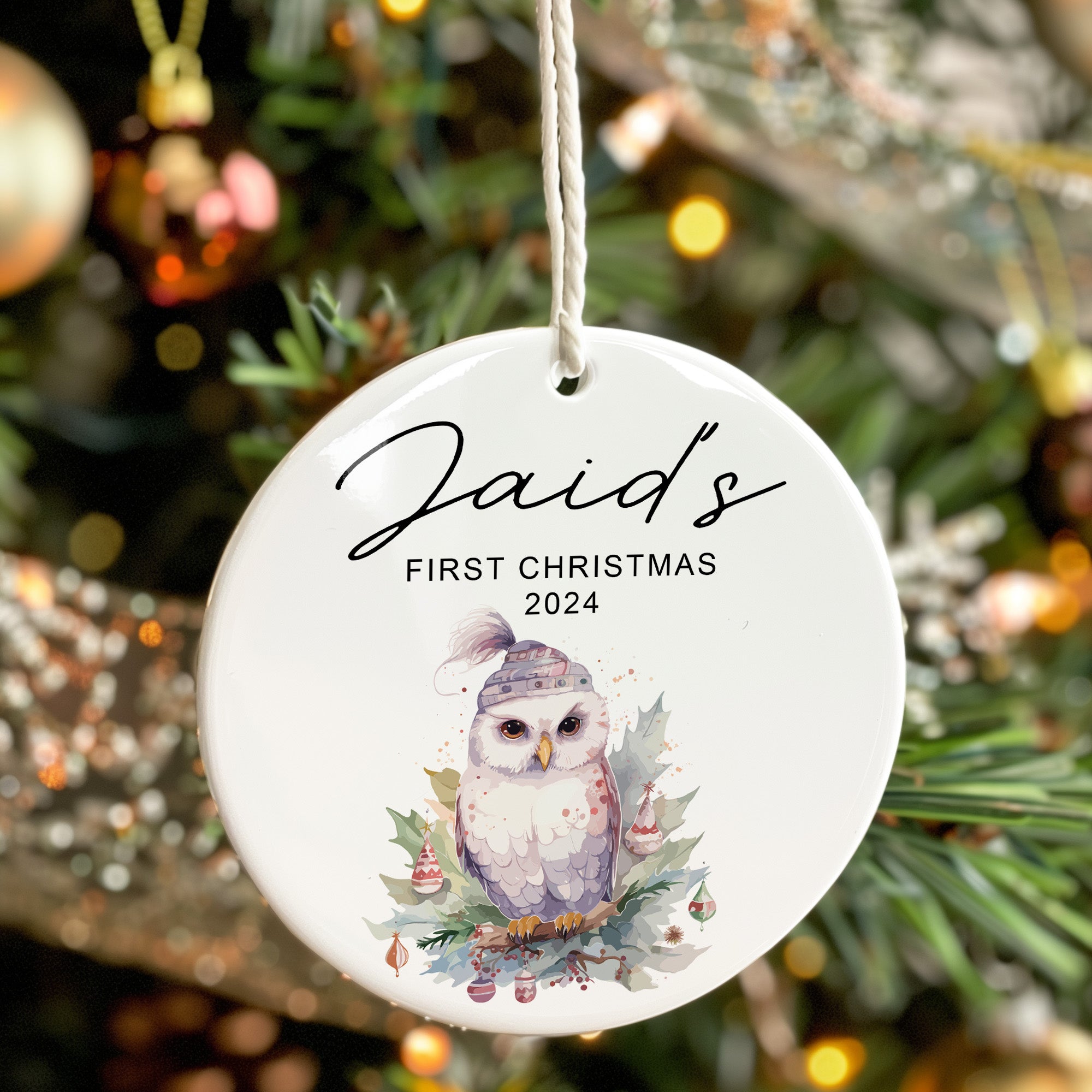 Personalized Baby's First Christmas Ceramic Ornament 2024 - Custom Name Owl Design Keepsake - Image 7