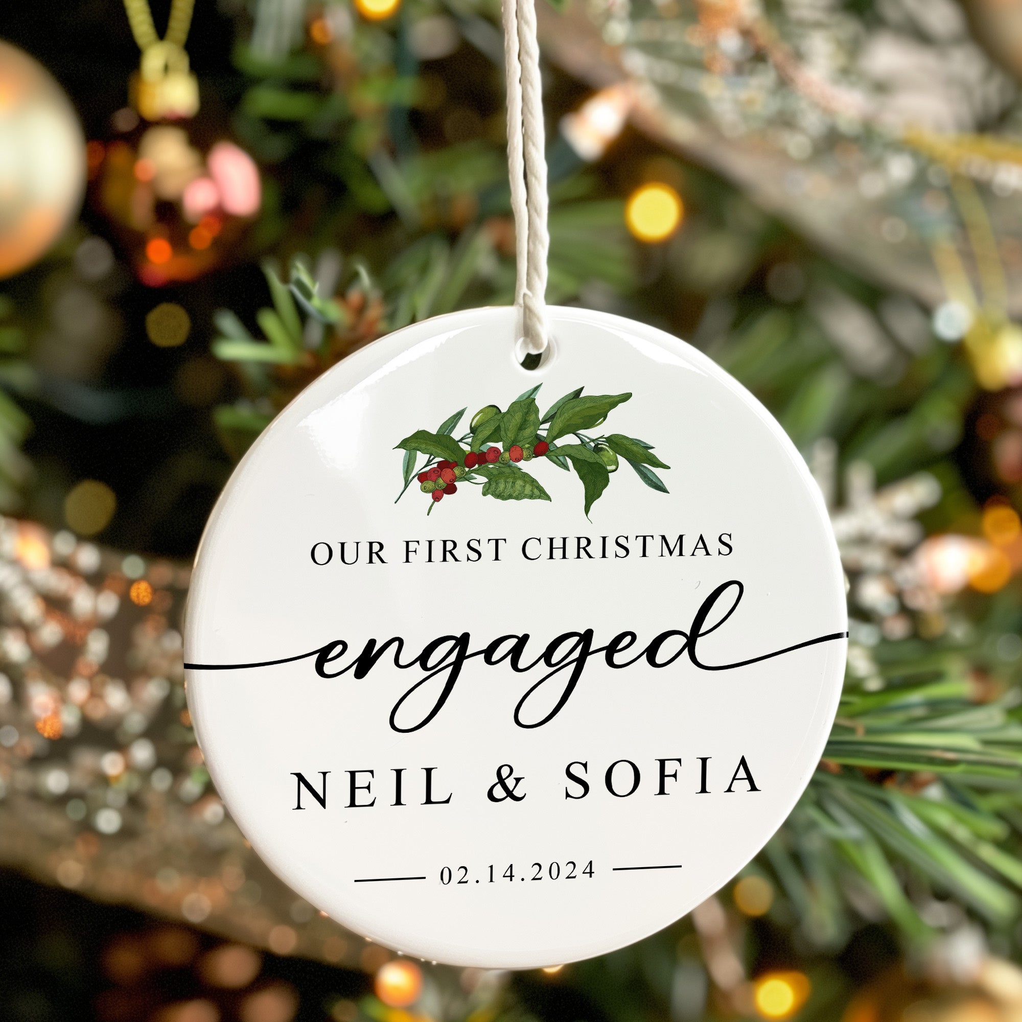 Celebrate Your First Christmas Engaged with Personalized Ceramic Ornament - Custom Names & Dates - Image 7