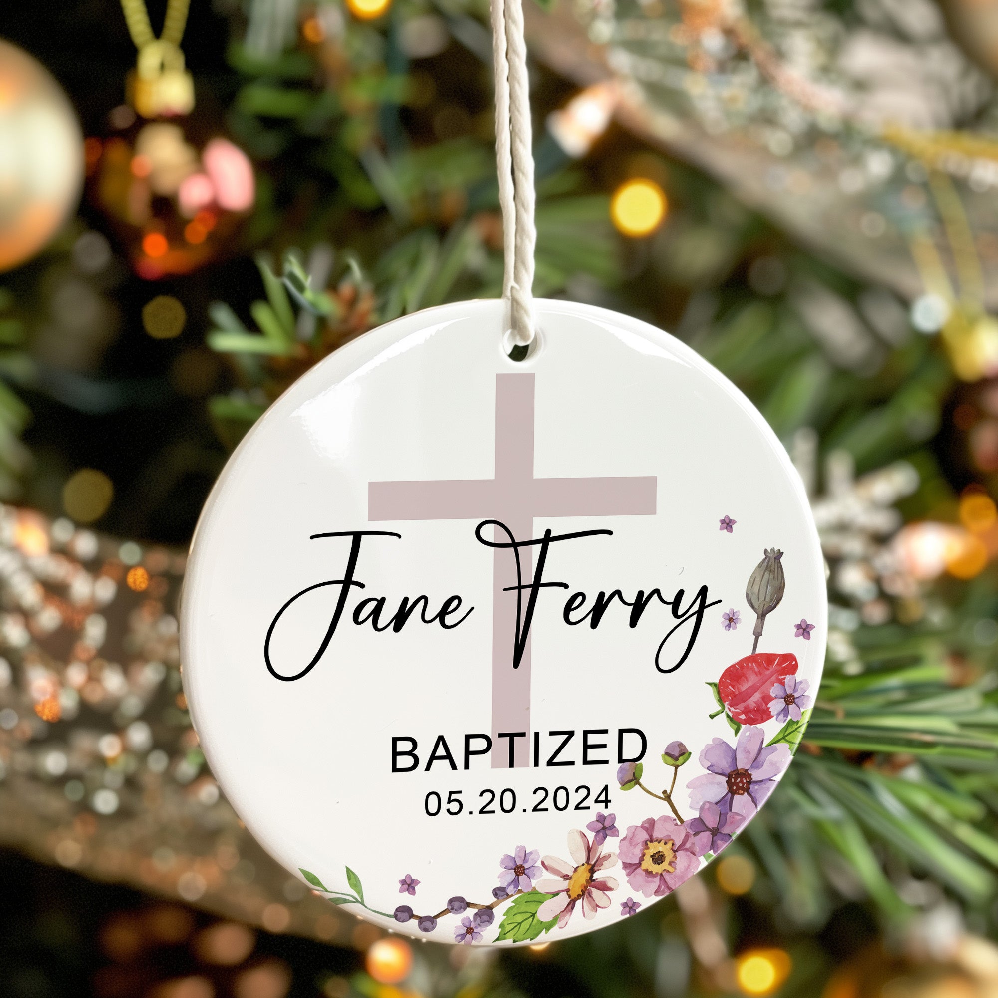 Personalized Floral Baptism Ceramic Ornament for Baby - Custom Name and Date Keepsake Gift - Image 7