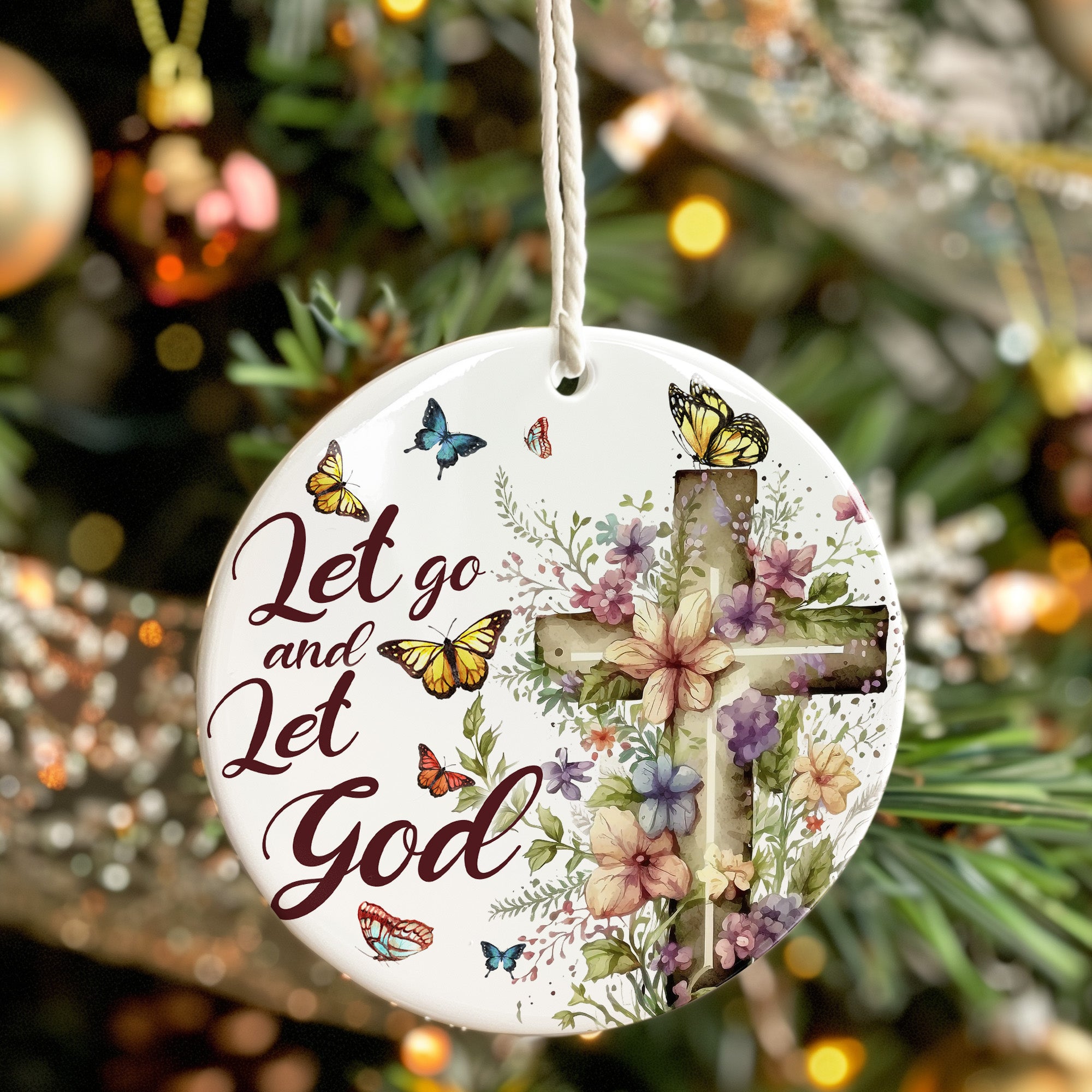 Personalized Floral Cross Ceramic Ornament – Inspirational "Let Go and Let God" with Butterflies – Perfect Gift for Spiritual Support and Home Decor - Image 7