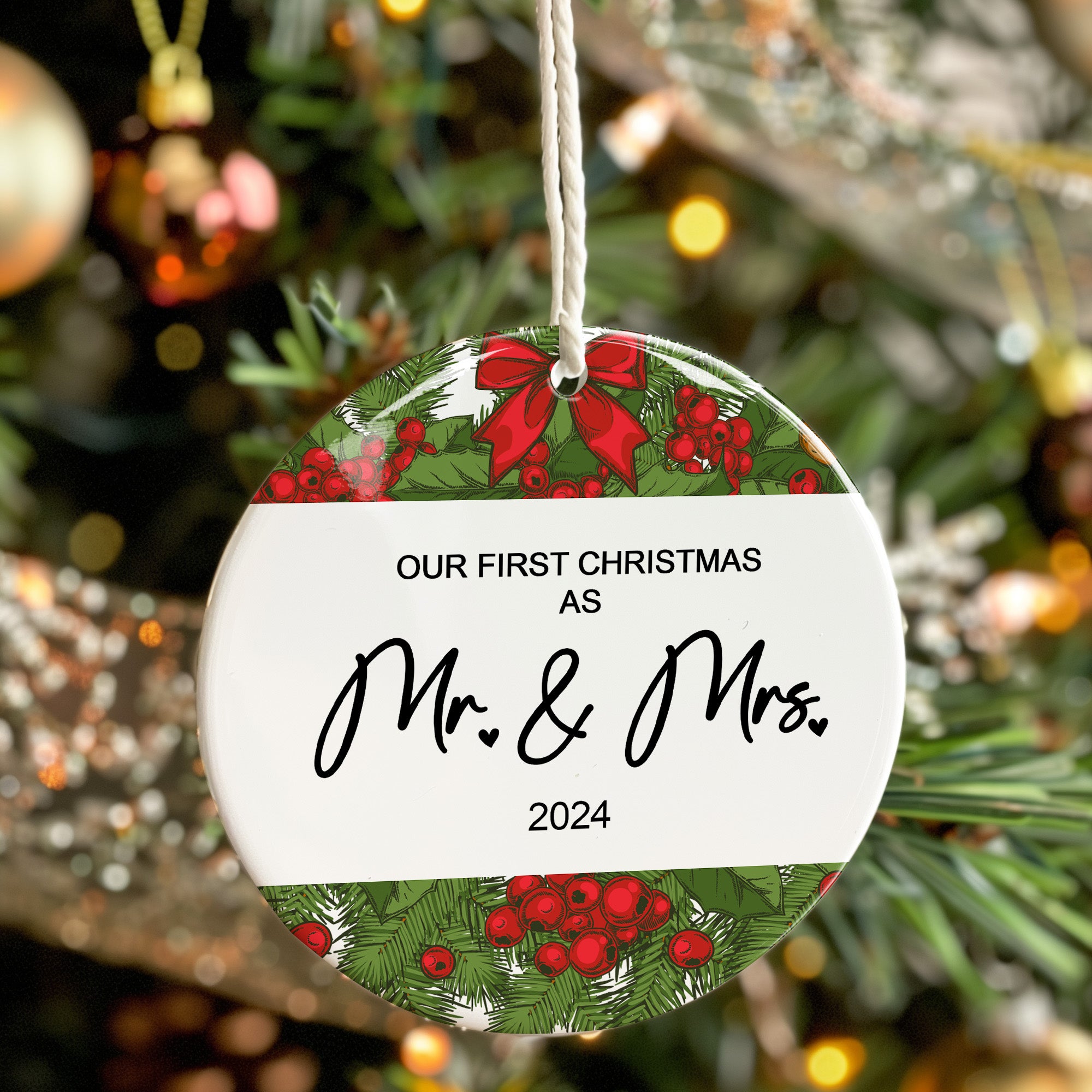 Personalized "Our First Christmas as Mr. & Mrs." 2024 Ceramic Ornament – Customizable Keepsake for Newlyweds - Image 7