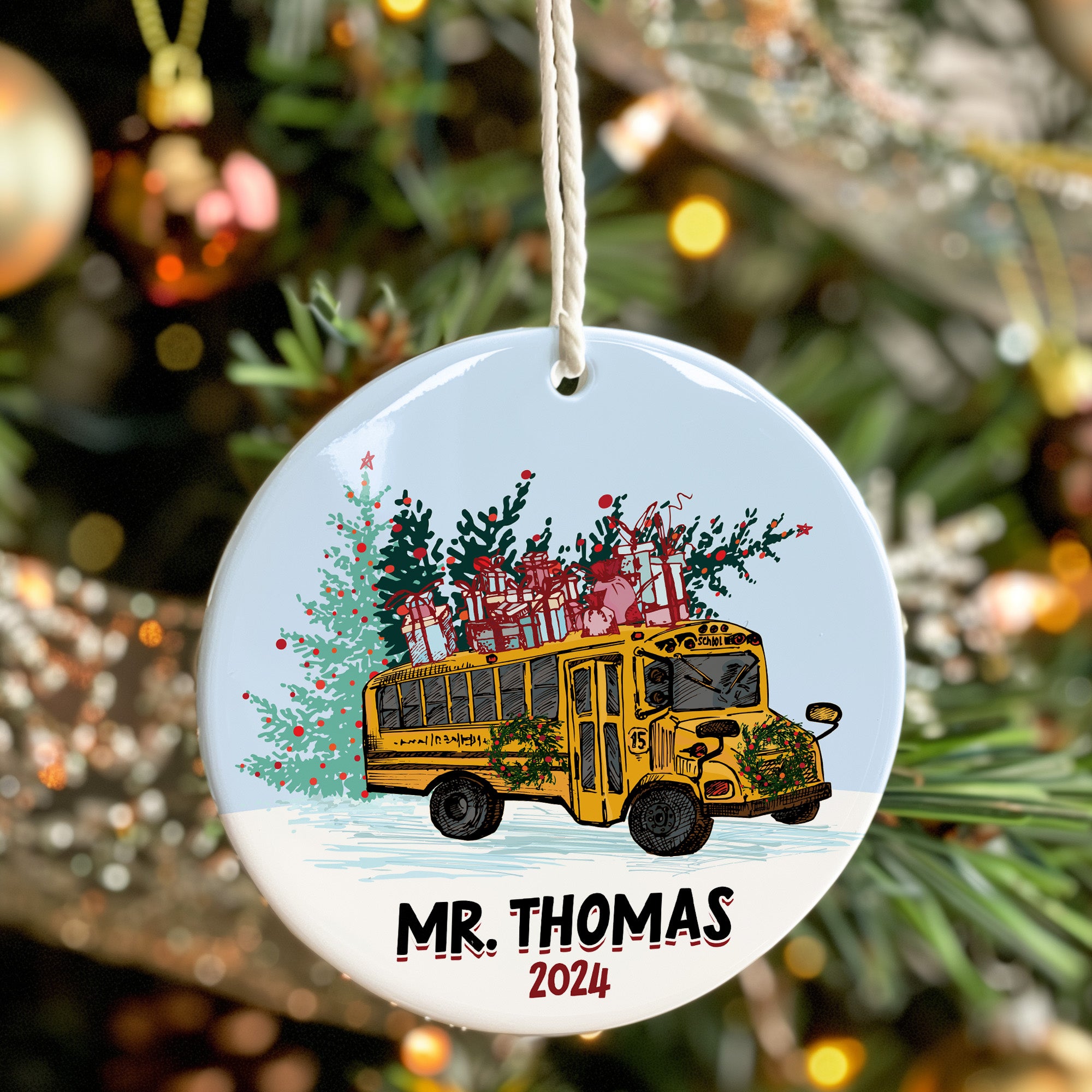 Personalized Ceramic Christmas Ornament with School Bus Design – Custom Teacher Gift 2024 – Unique Holiday Keepsake - Image 7