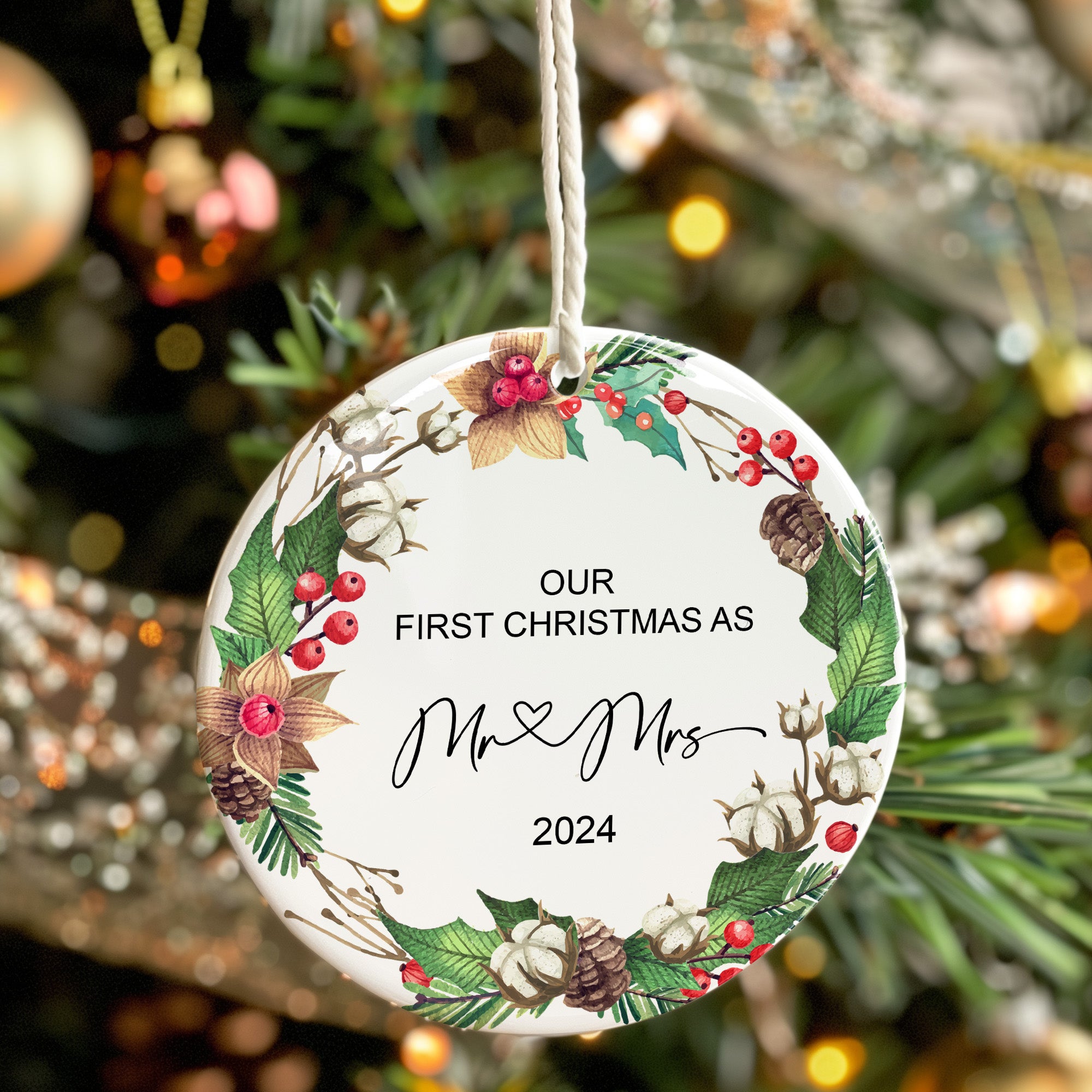 "Personalized 'Our First Christmas as Mr & Mrs' Ceramic Ornament – Custom Wedding Gift Keepsake for 2024 Holidays" - Image 7