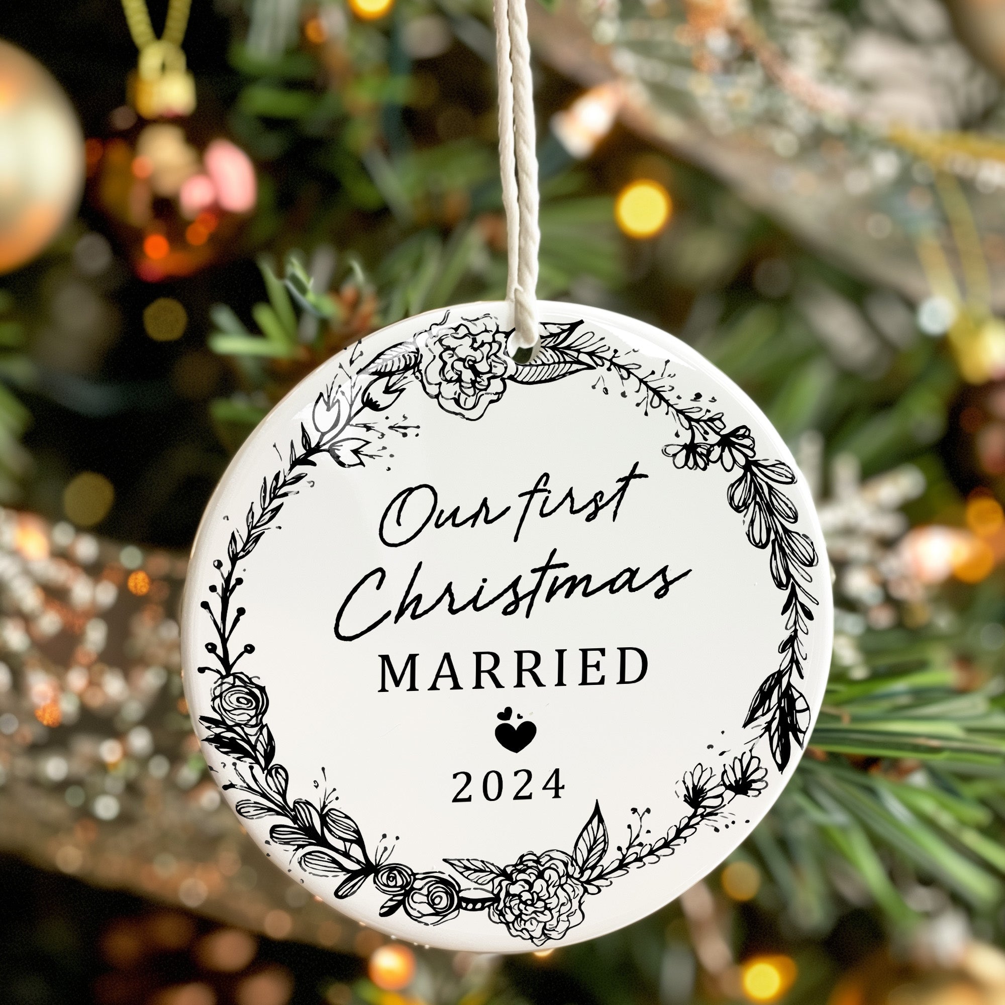 Personalized "Our First Christmas Married" 2024 Ceramic Ornament – Elegant Floral Design for Newlyweds - Image 7