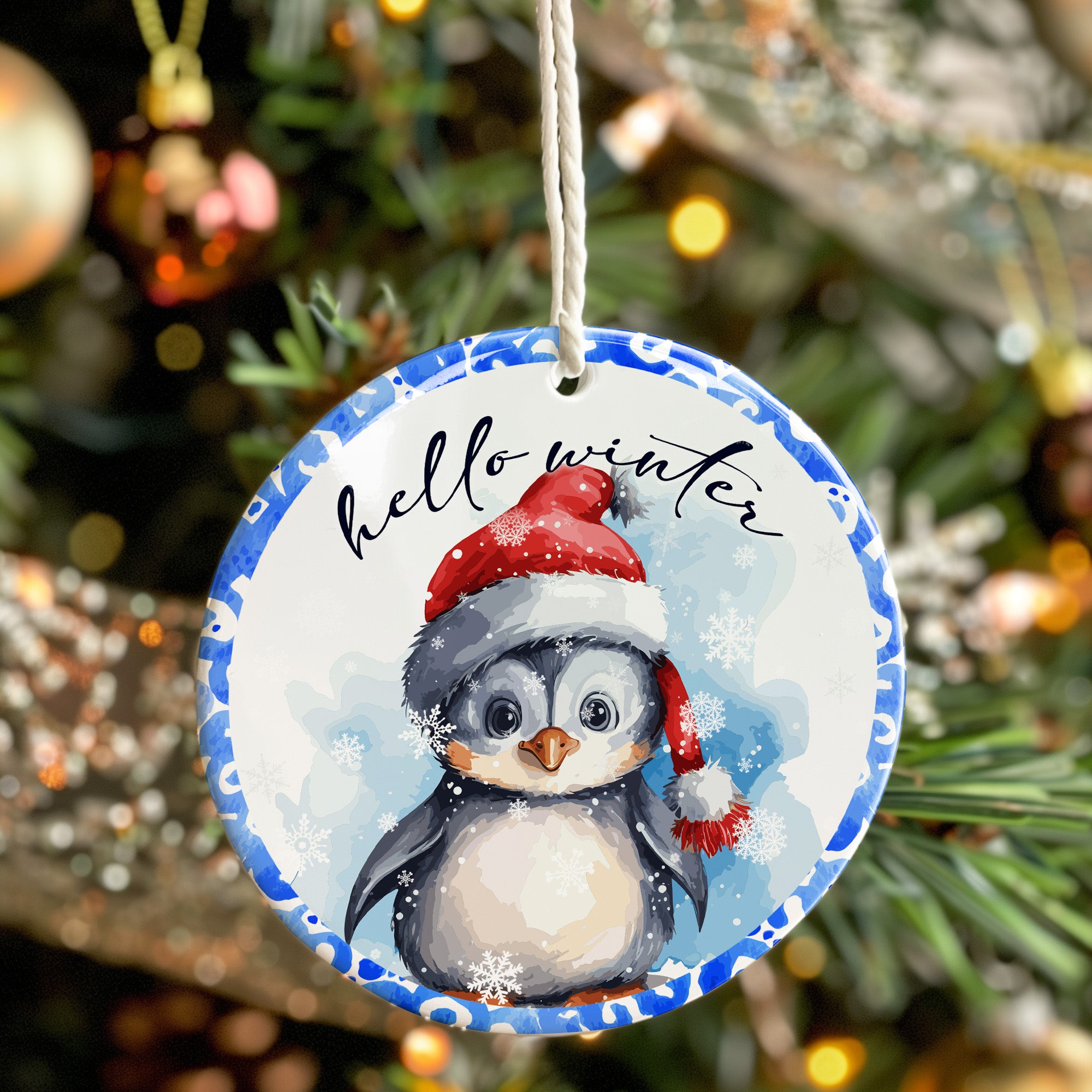 Personalized Winter Penguin Ceramic Ornament – Handcrafted Holiday Keepsake with Customizable Santa Hat and Snowflakes Design - Image 7