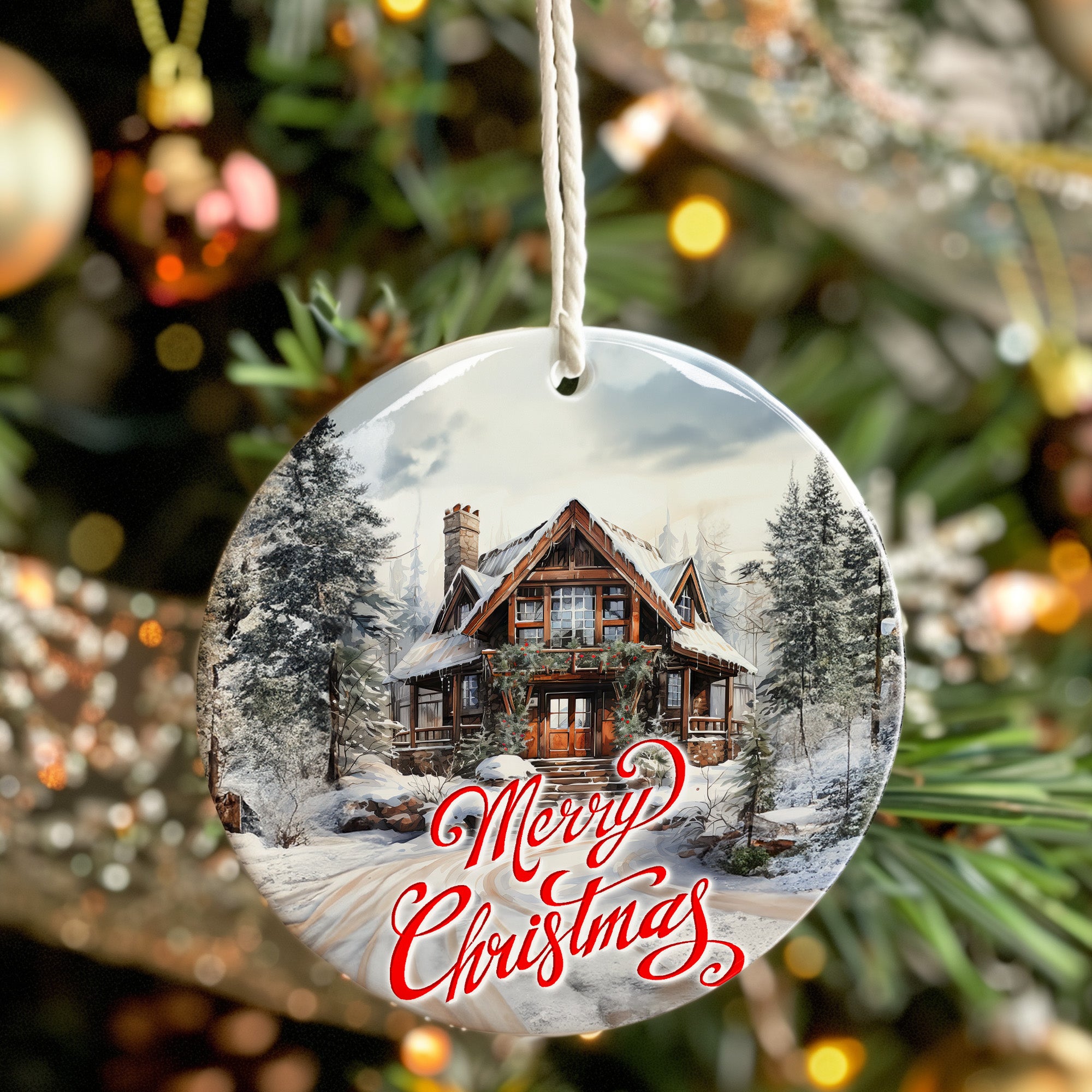 Personalized Merry Christmas Ceramic Ornament – Rustic Cabin Design with Snowy Forest for Perfect Holiday Decor and Heartfelt Gifts - Image 7