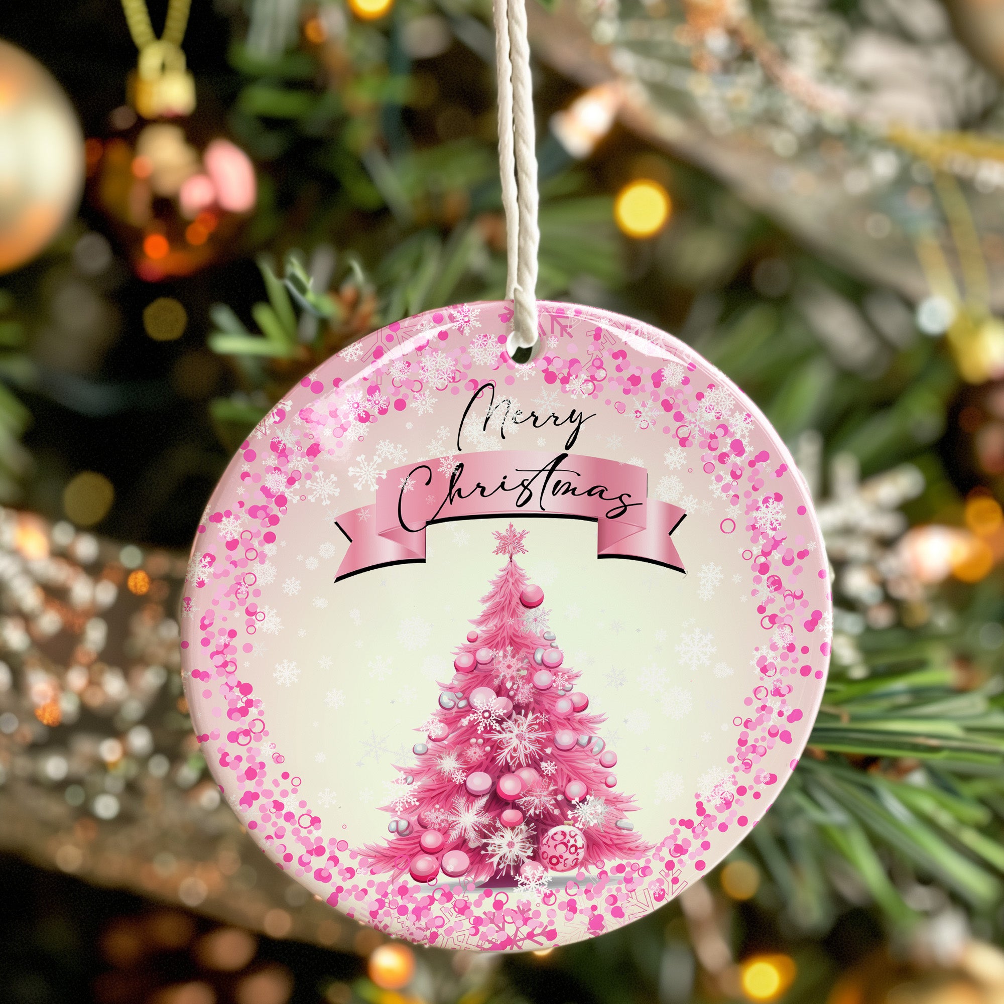 Personalized Pink Christmas Tree Ceramic Ornament - Custom Holiday Decoration with Festive Design, Perfect Gift for Her - Image 7