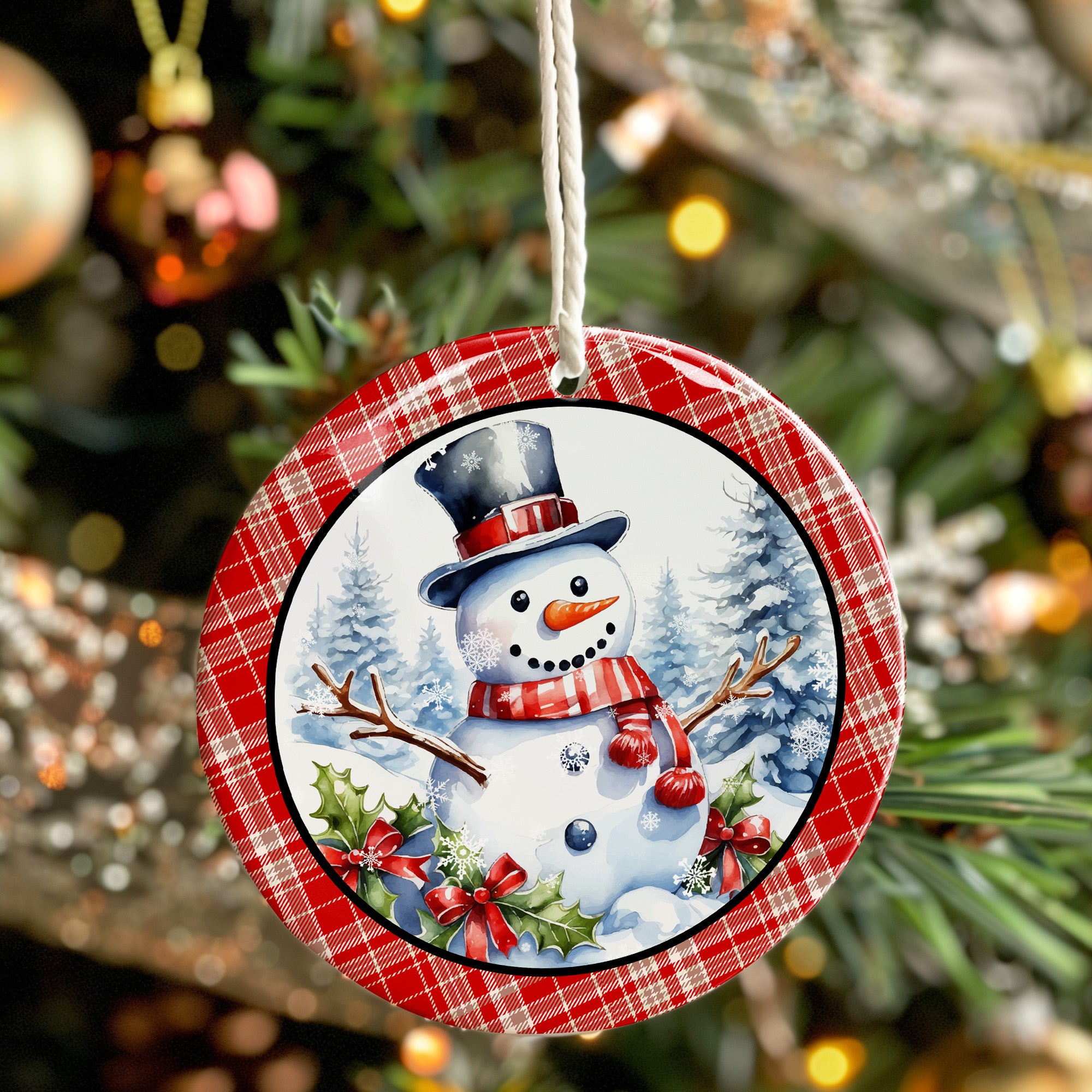 Personalized Snowman Ceramic Ornament - Customizable Holiday Keepsake with Festive Plaid Design - Image 7