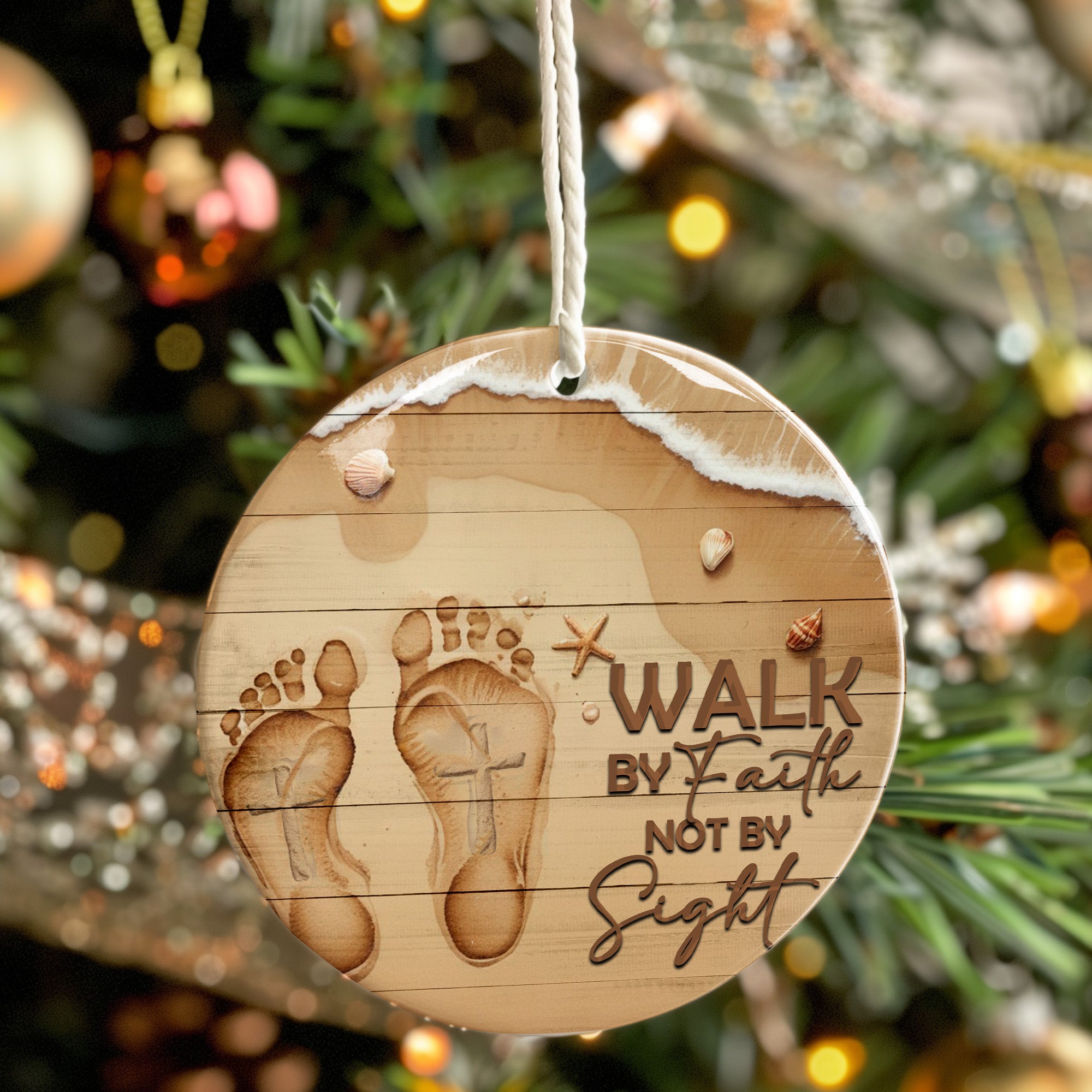 Personalized Footprints in the Sand Ceramic Ornament - "Walk by Faith" Beach Design - Perfect Inspirational Gift - Image 7