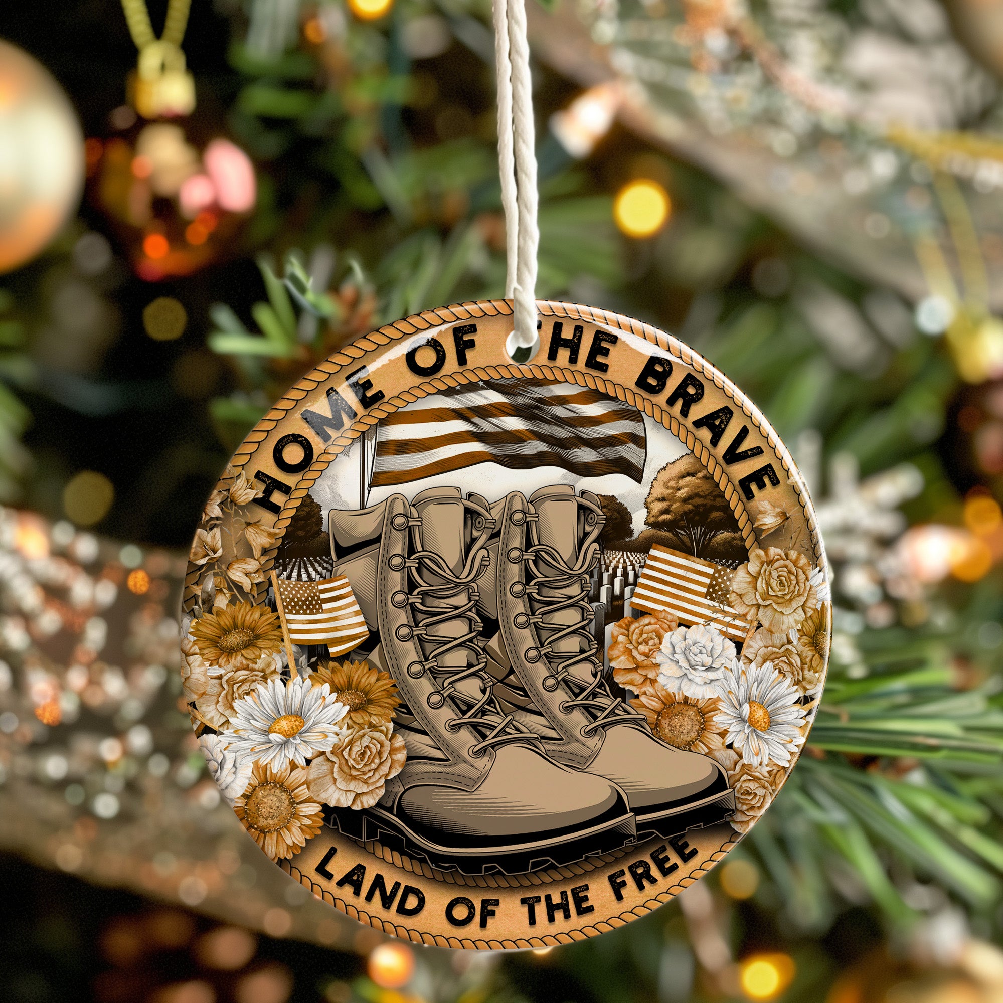 Personalized Ceramic Ornament - "Home of the Brave" Tribute with Military Boots and Floral Design - Image 7