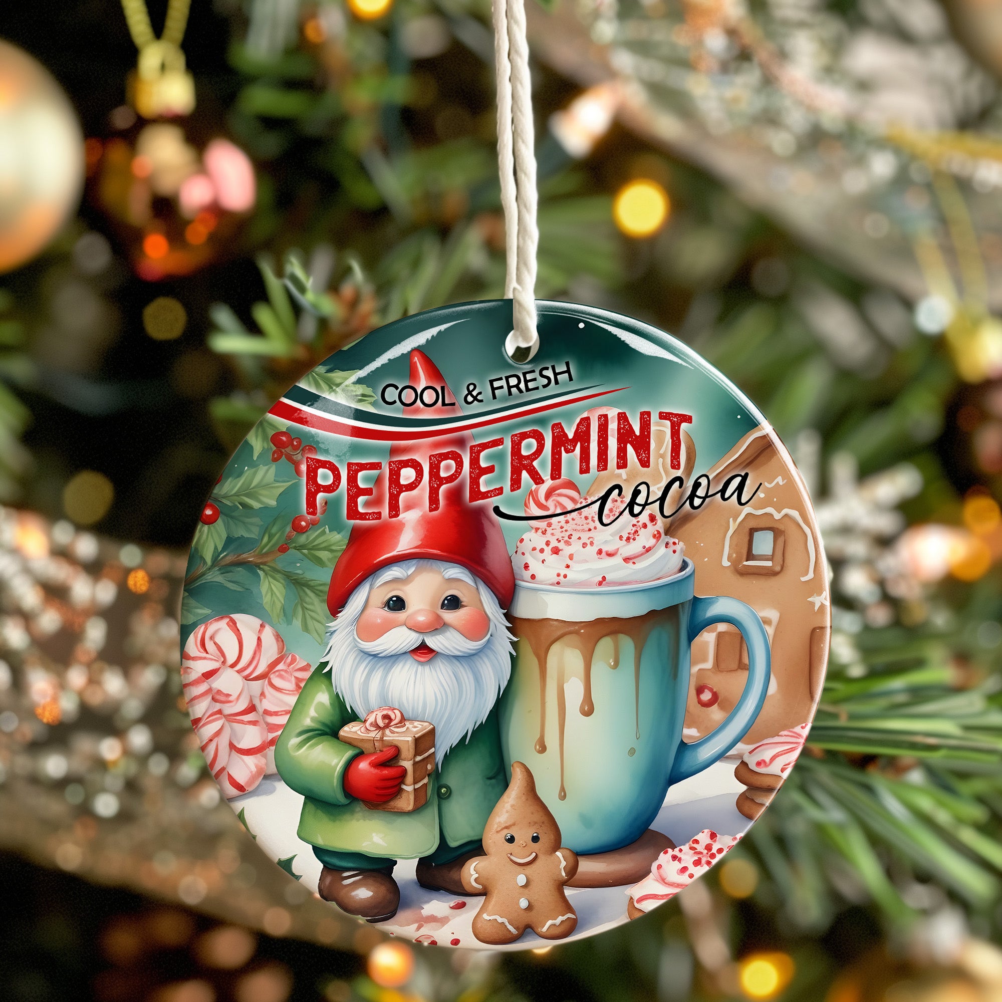 Personalized Peppermint Cocoa Christmas Ornament – Handmade Ceramic Gift with Festive Gnome Design - Image 7